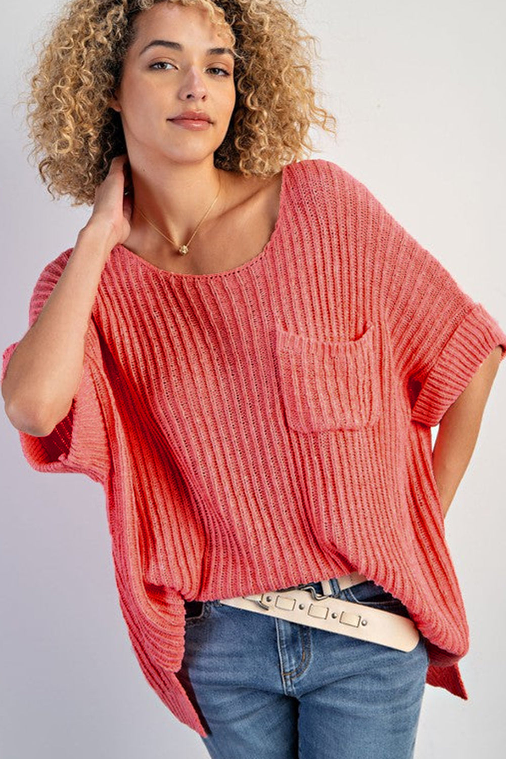 Rolled Cuffs Loose Knit Tee with Slits eAura