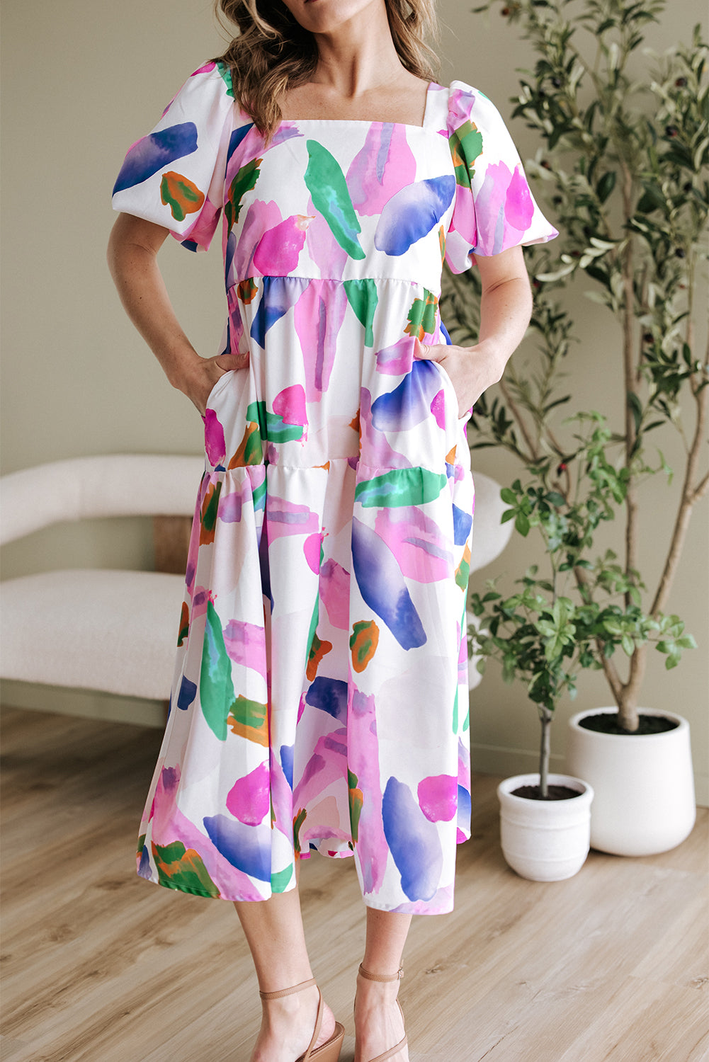 Purple Abstract Print Puff Sleeve Smocked Back Midi Dress BB Fashion Outlet