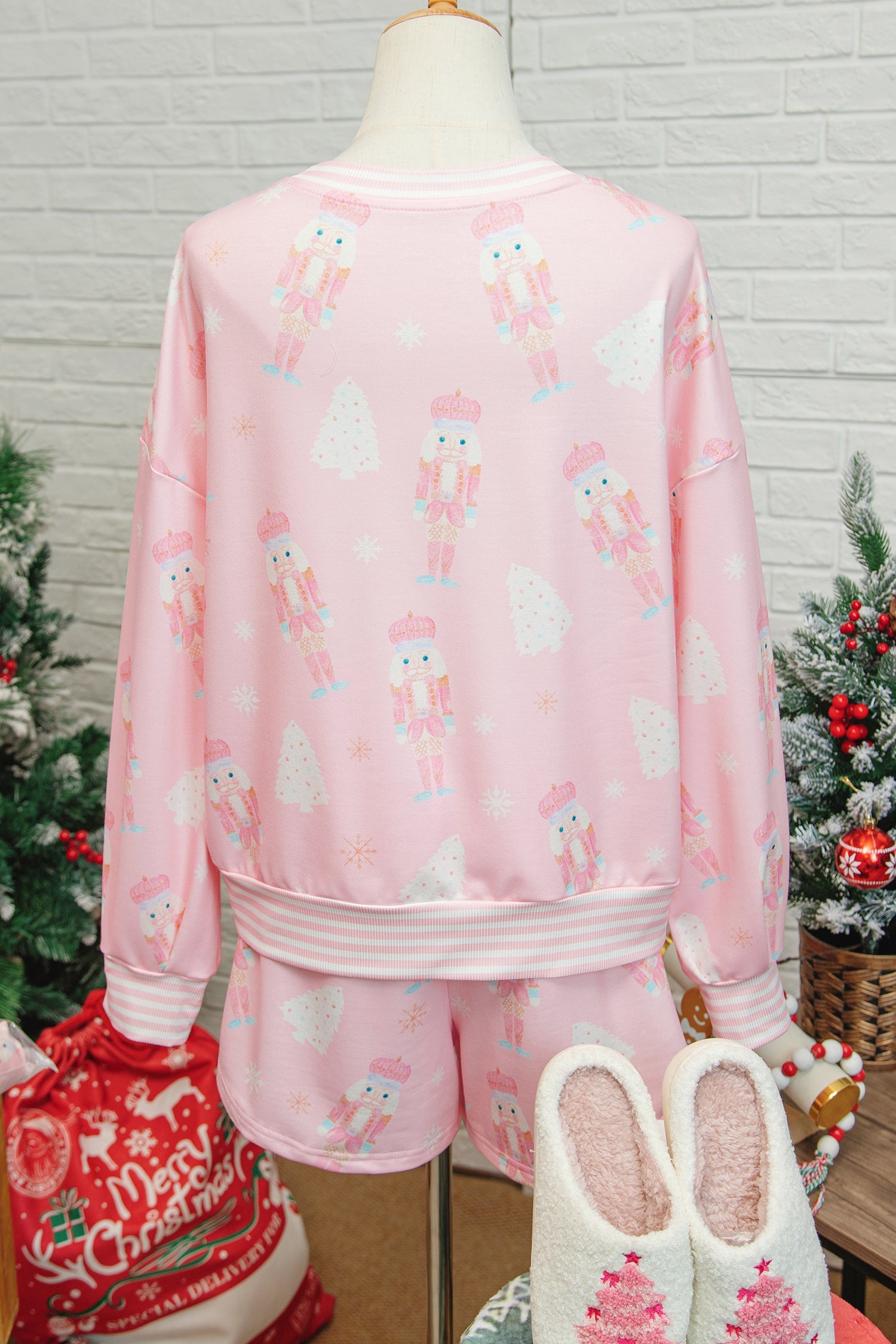 Pink Christmas Tree Nutcracker Doll Print Contrast Trim Long Sleeve Top Matching Shorts Set - Two Piece Sets/Short Sets