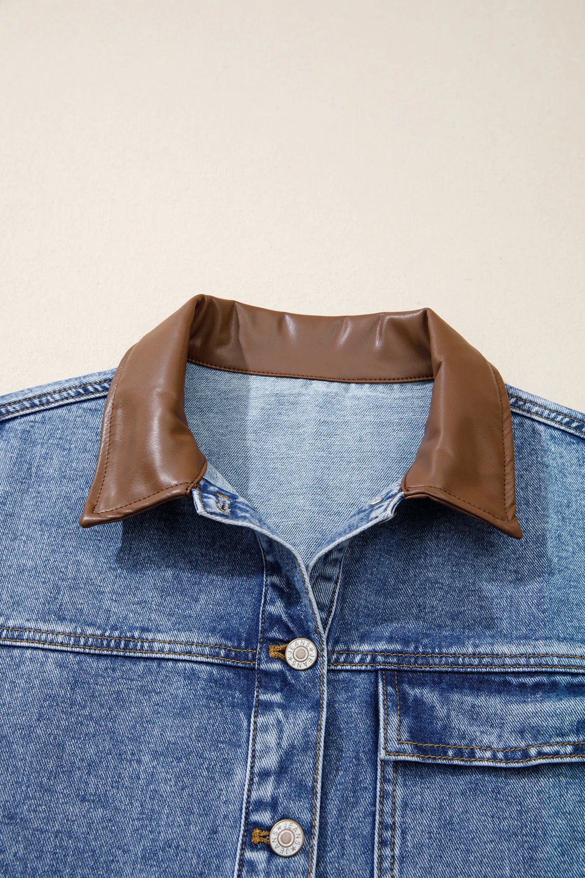 Sky Blue Patchwork Leather Collar Long Sleeve Denim Jacket – Light Blue