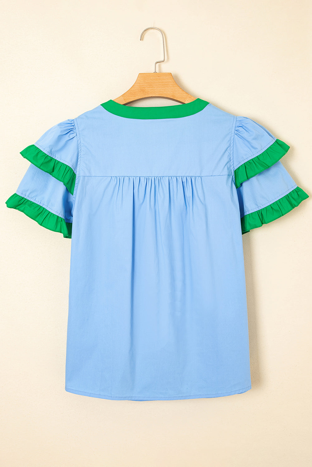 Blue Contrast Notched Neck Frill Detail Short Sleeve Blouse eAura