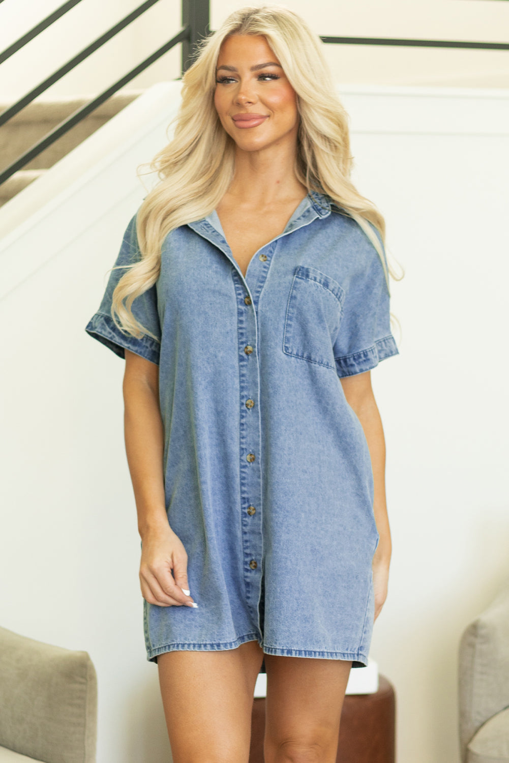 Dusk Blue Short Sleeve Pocketed Button up Denim Tunic Dress BB Fashion Outlet