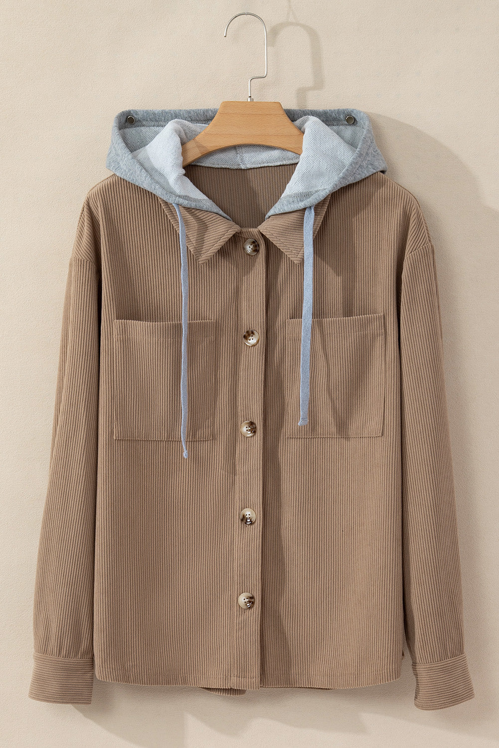 Pale Khaki Hooded Drawstring Pockets Corduroy Shacket eAura
