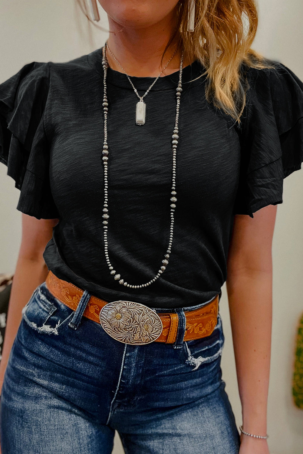 White Layered Ruffle Short Sleeve Round Neck Top eAura