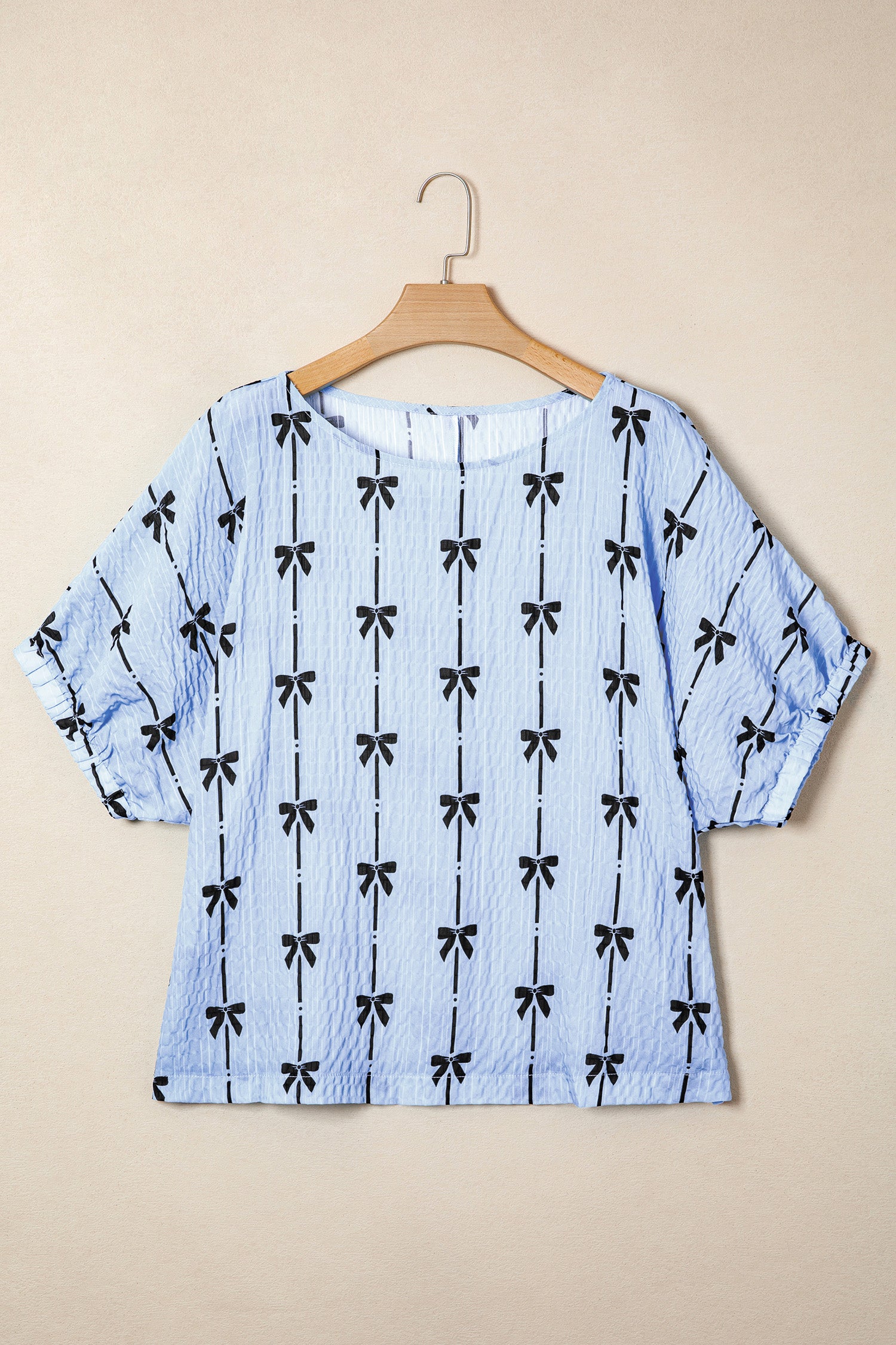 Bow Print Puff Short Sleeve Textured Top