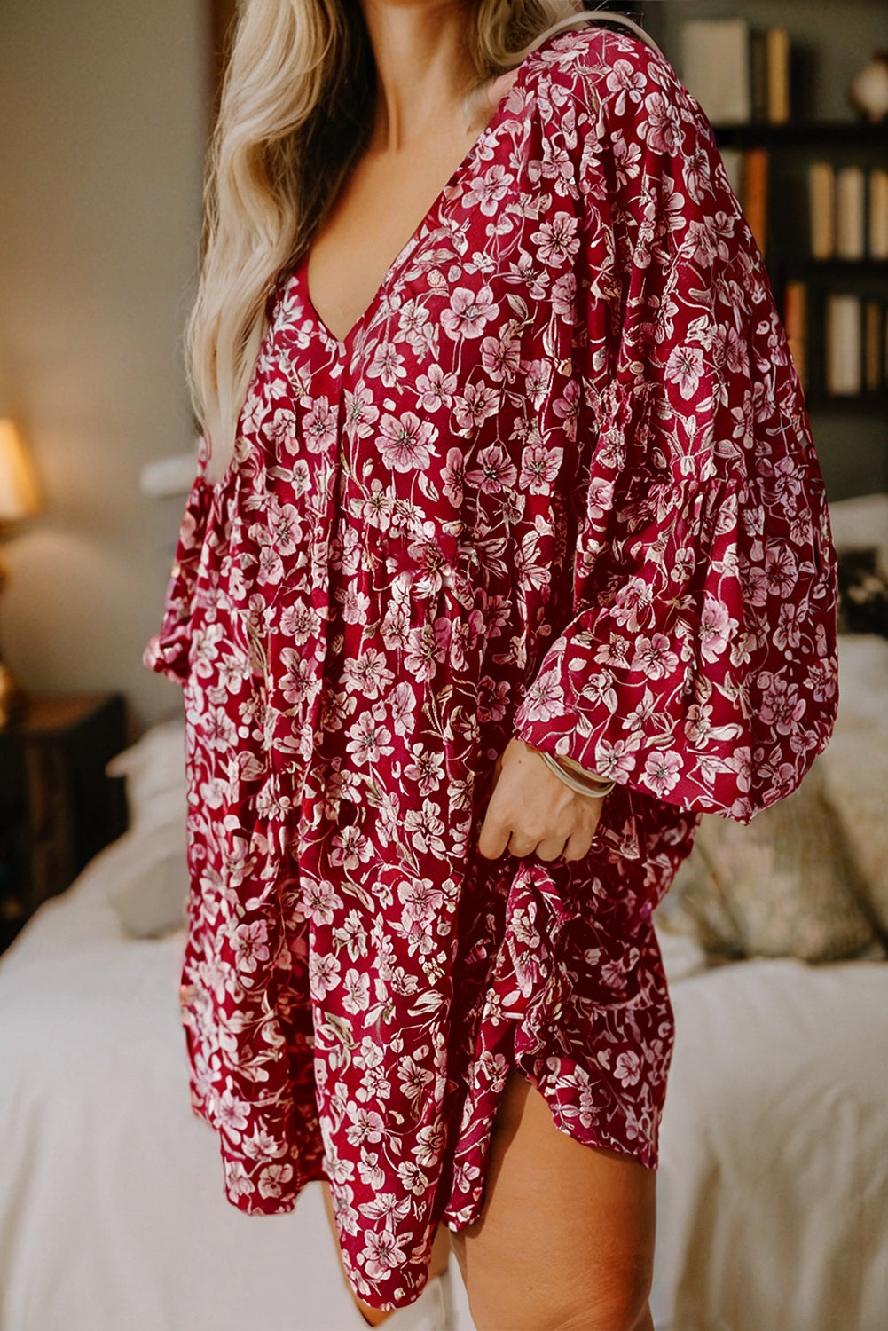 Purple Plus Floral Balloon Sleeve V Neck Relaxed Dress eAura