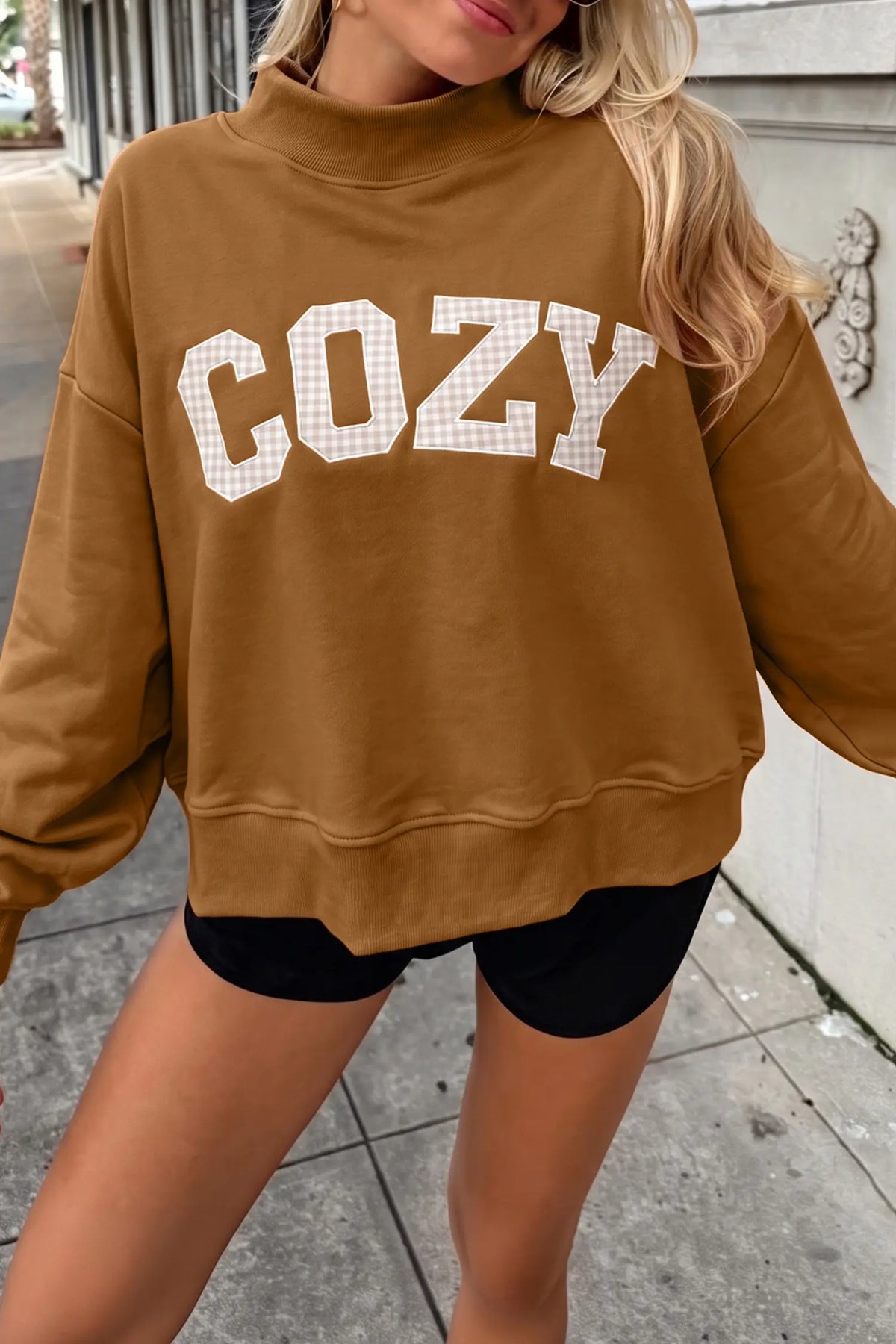 Stay Salty Embroidered Long Sleeve Stand Neck Shift Pullover Sweatshirt – Pink