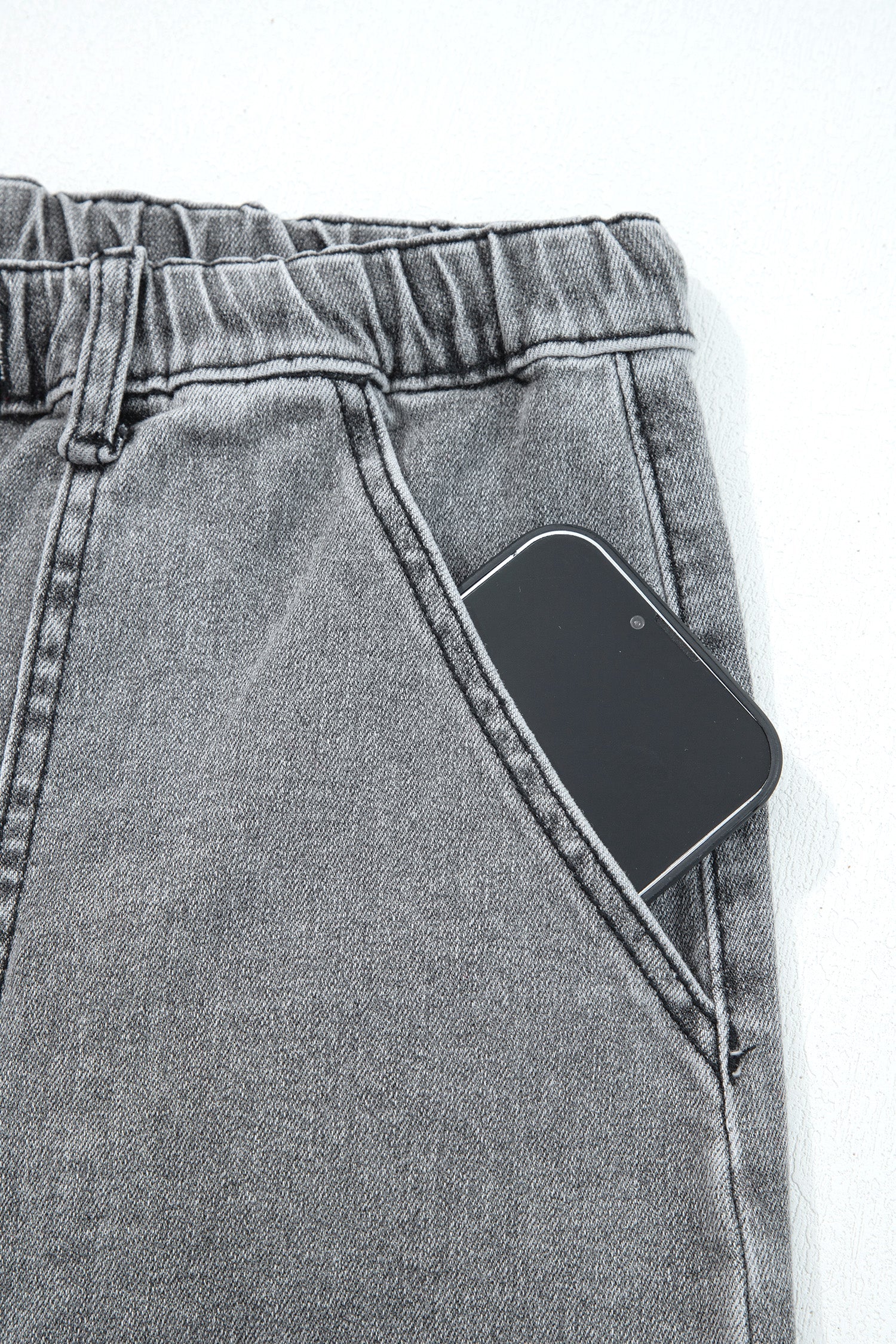 Drawstring Seam Detail Raw Hem Wide Leg Denim Jeans - eAura