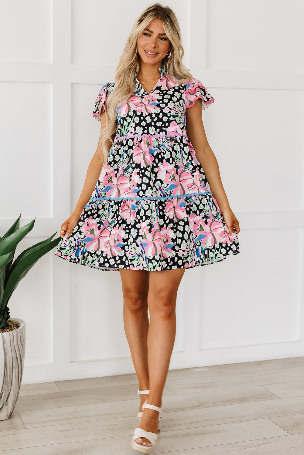 Pink Floral Ricrac Embellished Tiered Mini Dress eAura