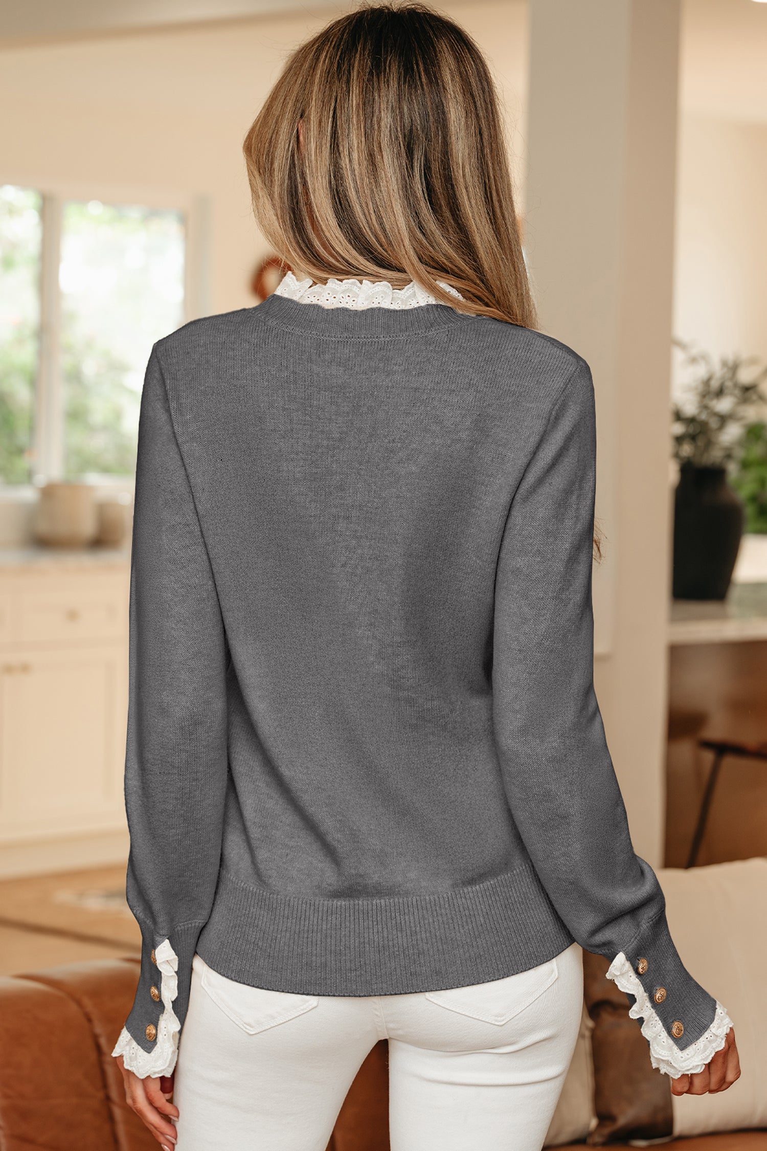 Lace Trim Sweater Patchwork Buttoned Cuffs Loose Sweater