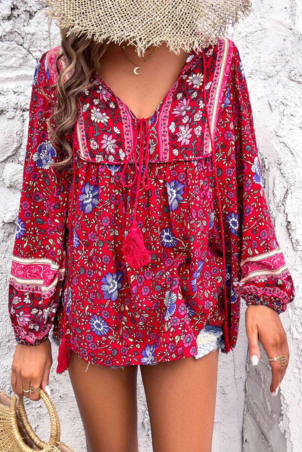 Traditional Print Tassel Tie Front Blouse - eAura