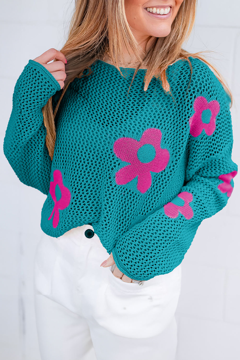 Light Pink Big Flower Hollowed Knit Drop Shoulder Sweater eAura