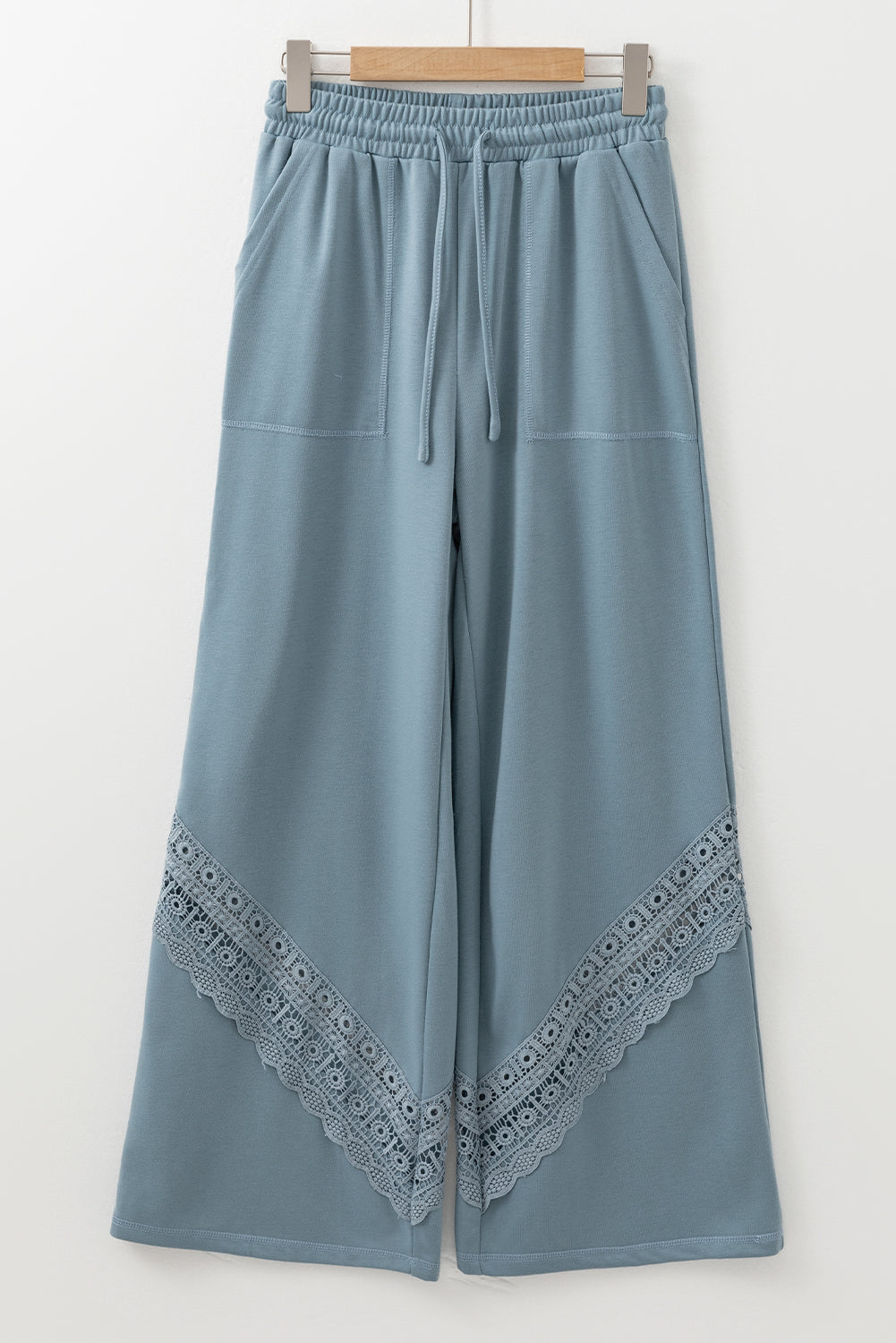 Dusk Blue Lace Crochet Patched Lace-up High Waist Wide Leg Trousers BB Fashion Outlet