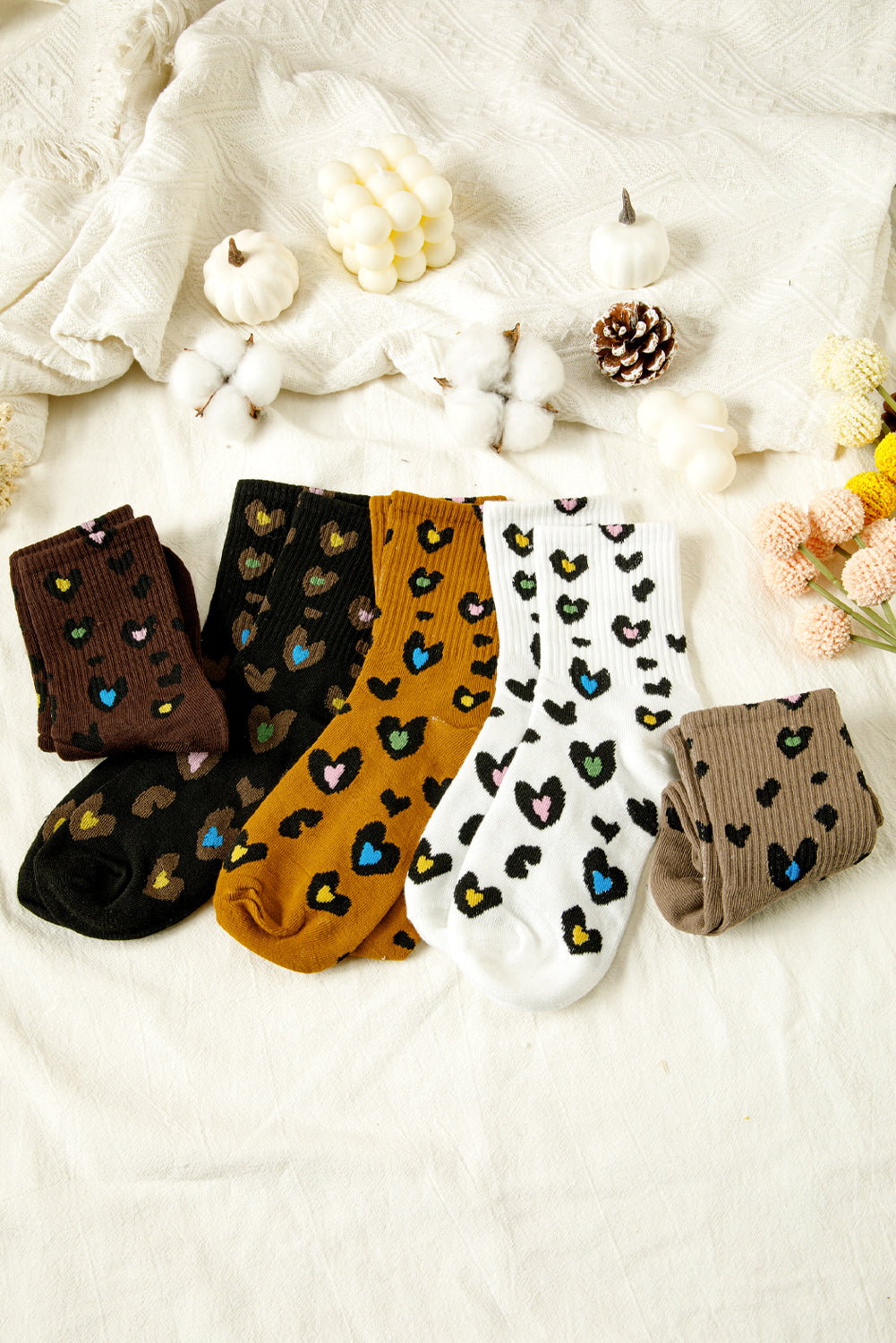 5 Pairs Ribbed Trim Heart Leopard Print Socks