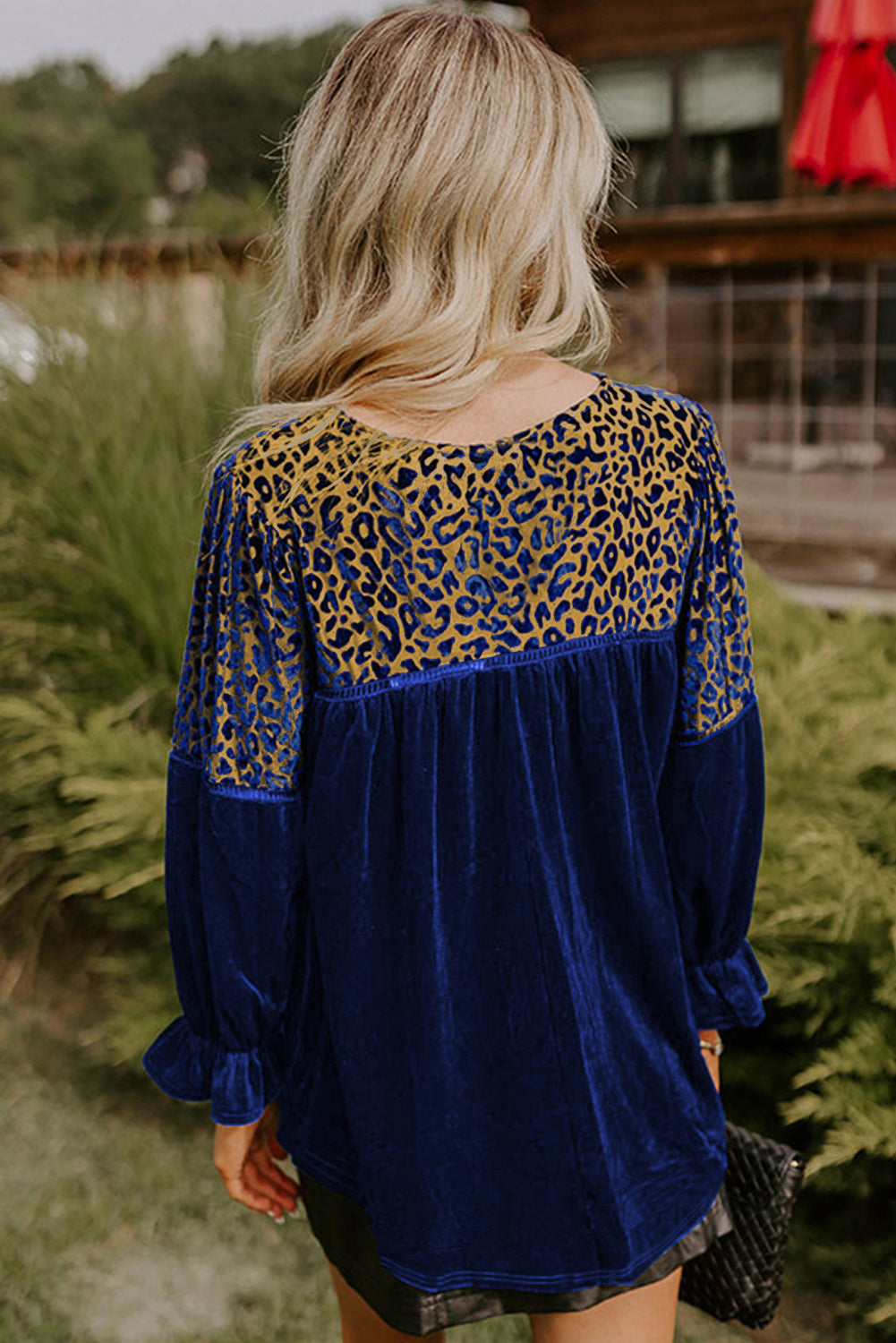 Leopard Patchwork Shoulder Flounce Sleeve Velvet Blouse - eAura