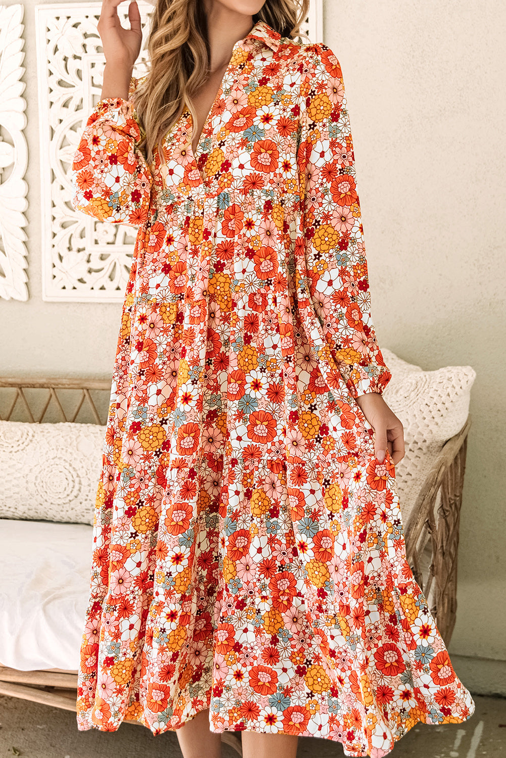 MultiColour Boho Floral Collared Long Sleeve Ruffled Dress eAura