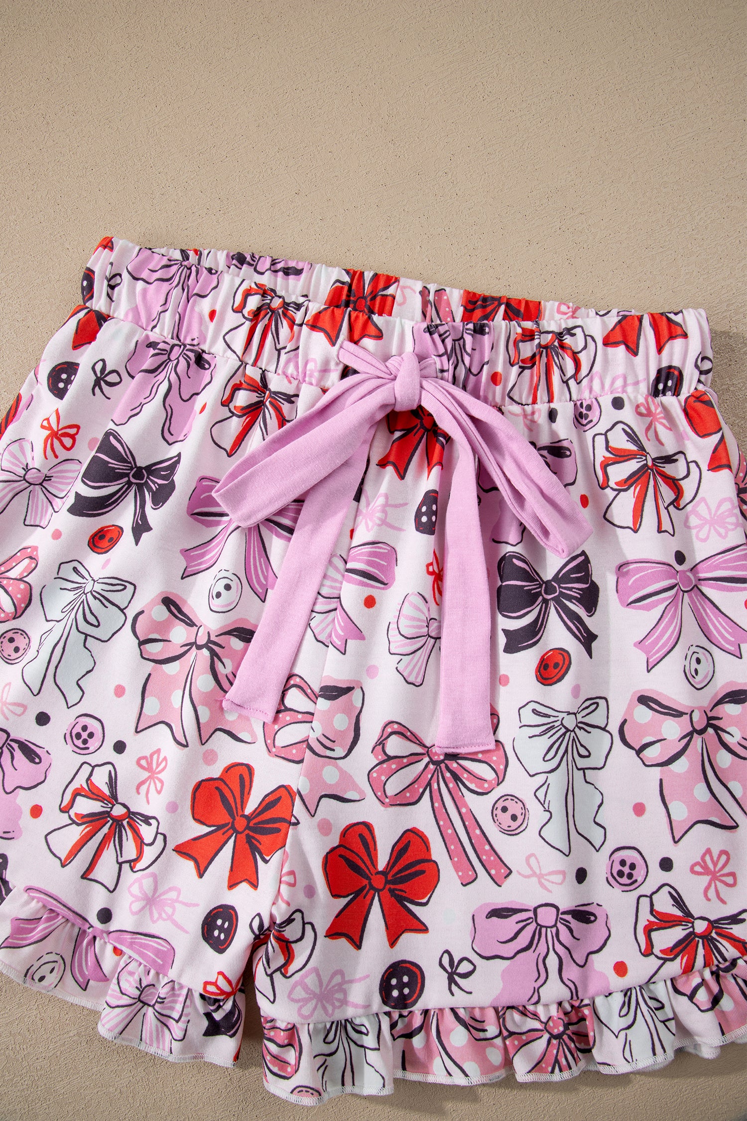 Cute Ribbon Bows Printed 2pcs Short Pajama Set – Pink