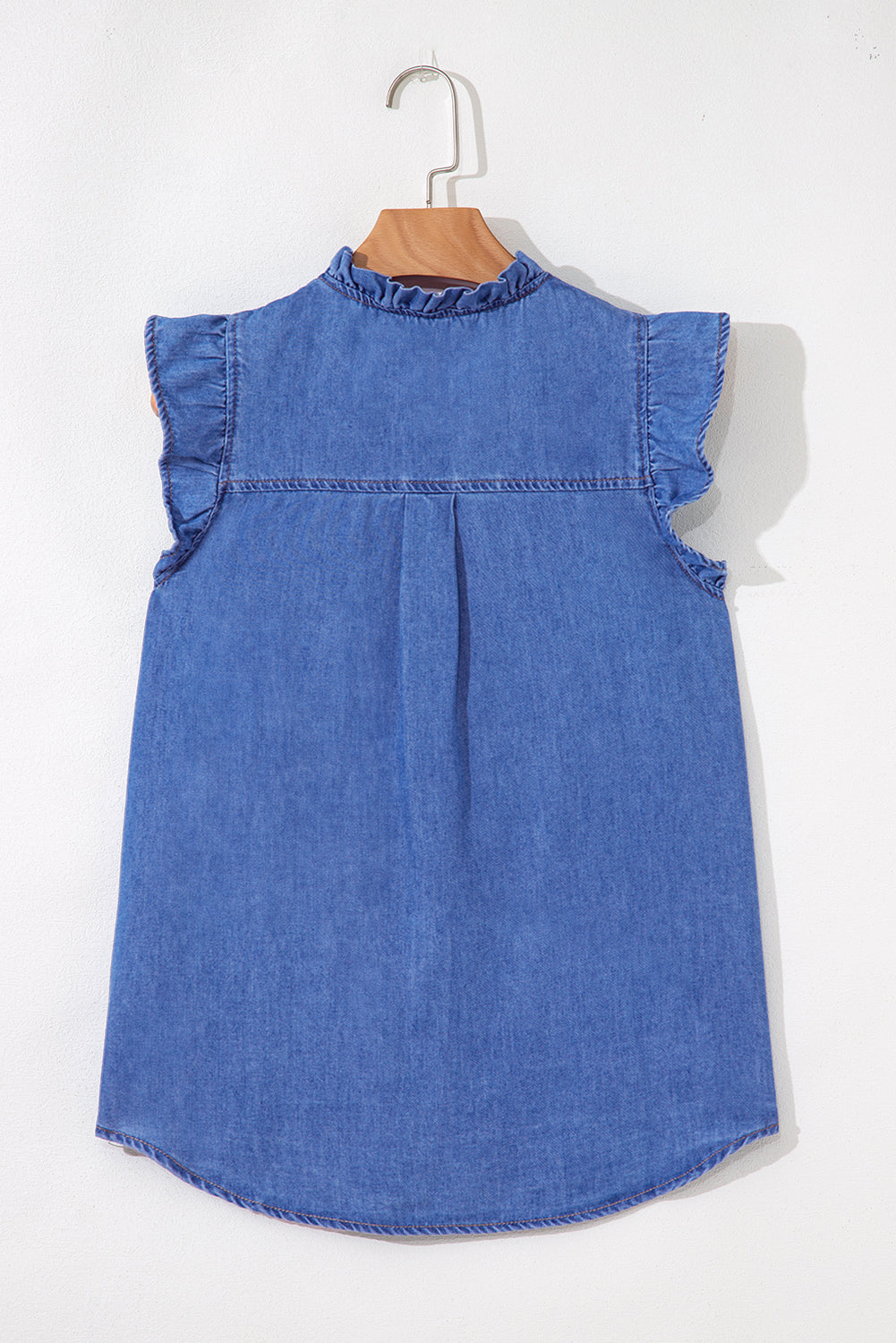 Mineral Wash Cap Sleeve Ruffled Button Up Denim Shirt eAura