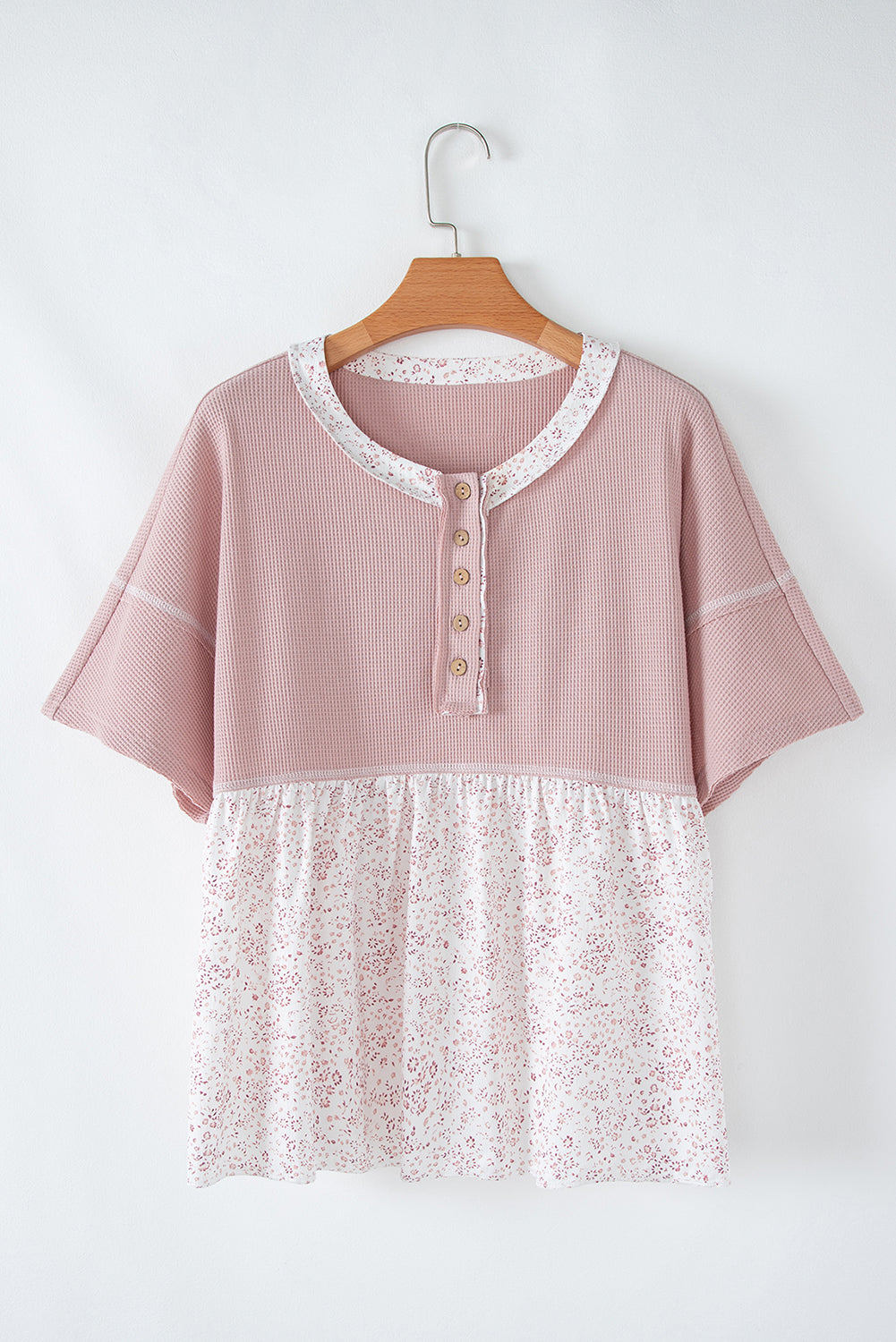 Pink Waffle Floral Patchwork Exposed Seam Detail Short Sleeve Top eAura