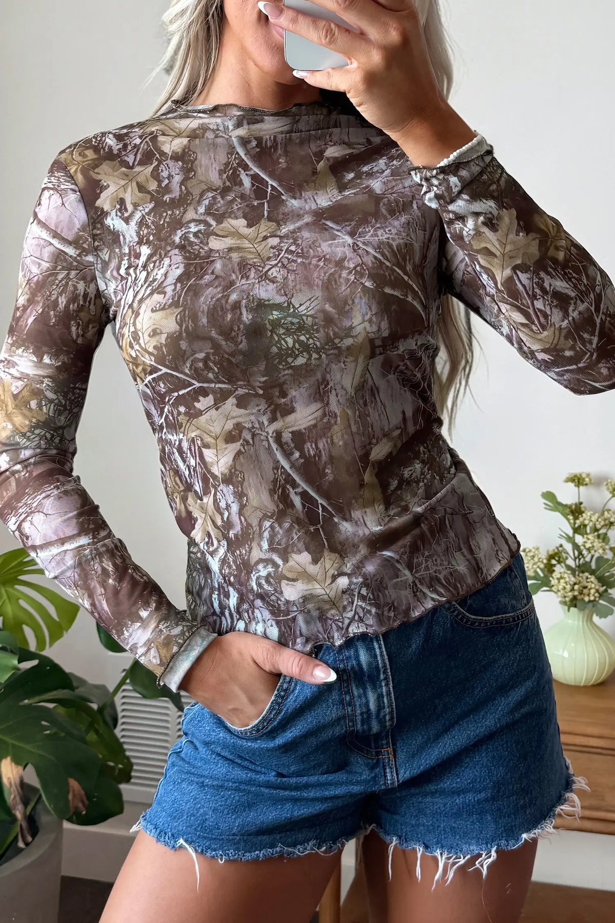 Western Print Slim Fit Mesh Mock Neck Long Sleeve Top