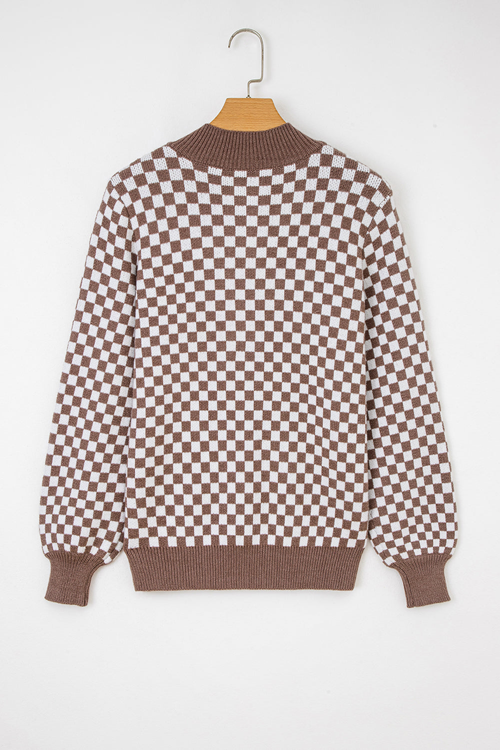 Dark Brown Half Button Ribbed Trim Checkerboard Knit Sweater eAura