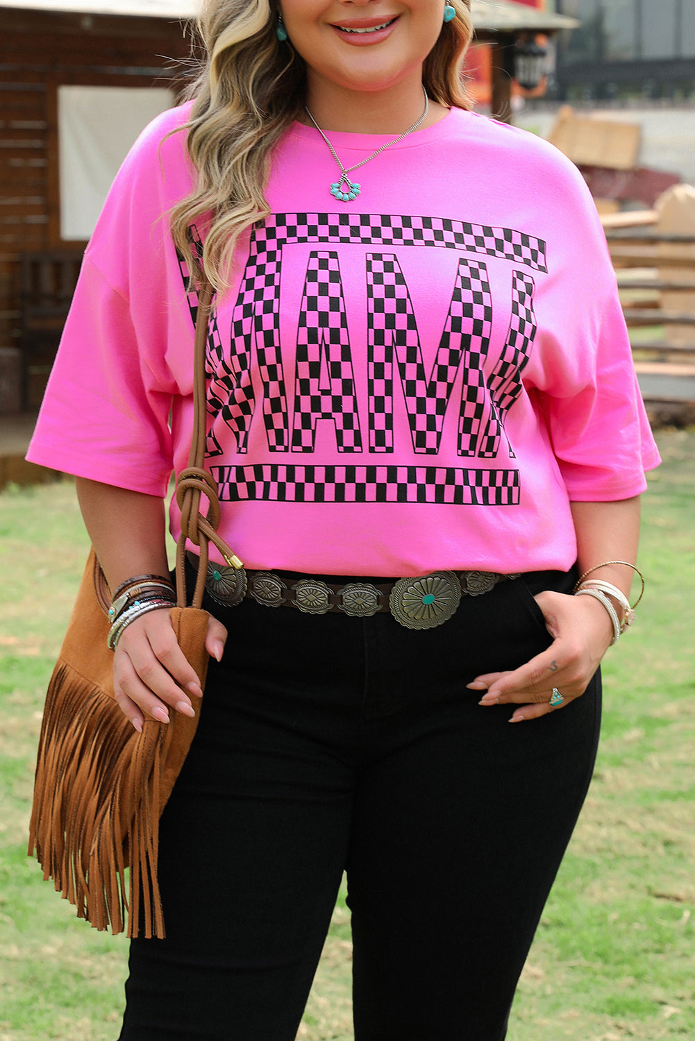 Bright Pink Checker MAMA Letter Printed Graphic Plus Size T Shirt BB Fashion Outlet