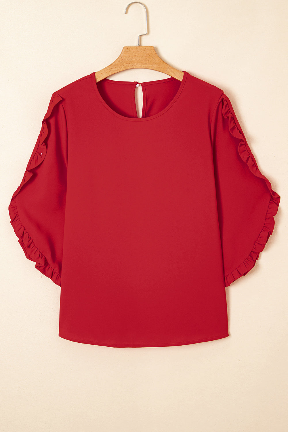 Ruffle Trimmed 3/4 Sleeve Round Neck Blouse eAura
