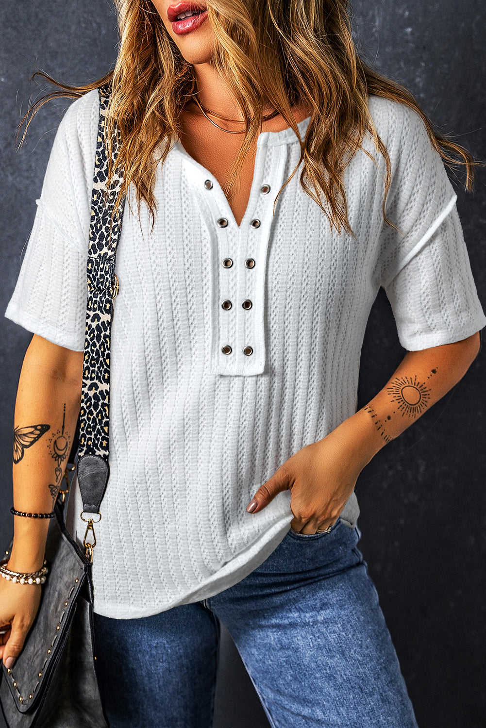 White Textured Hollow Grommet Placket Split Neck Short Sleeve Top eAura