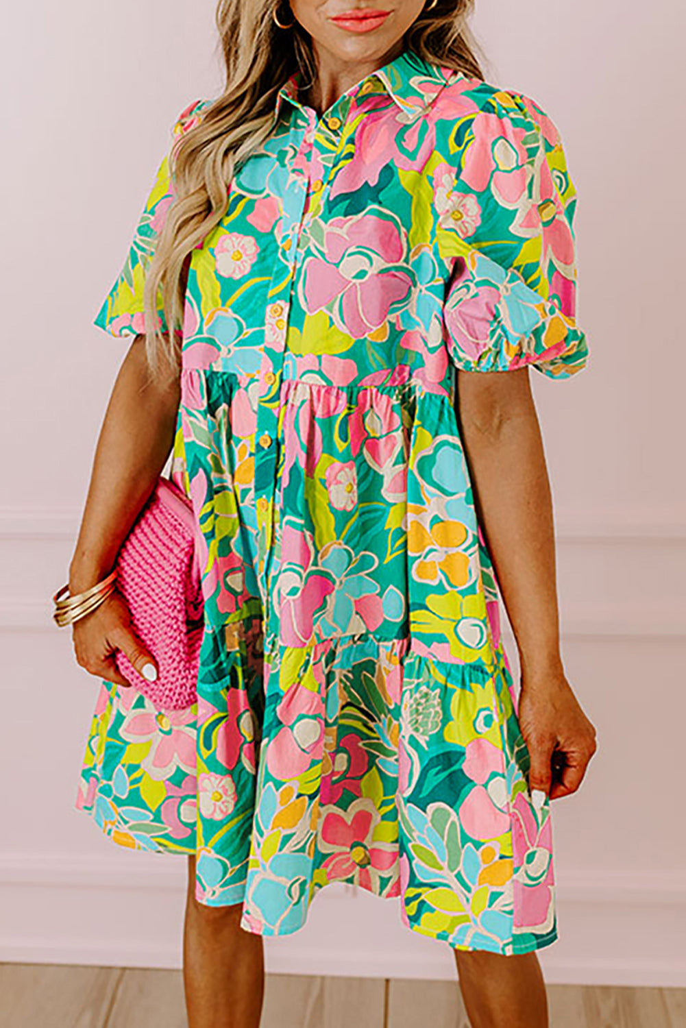 Green Floral Puff Sleeve Collar Buttoned Babydoll Dress eAura