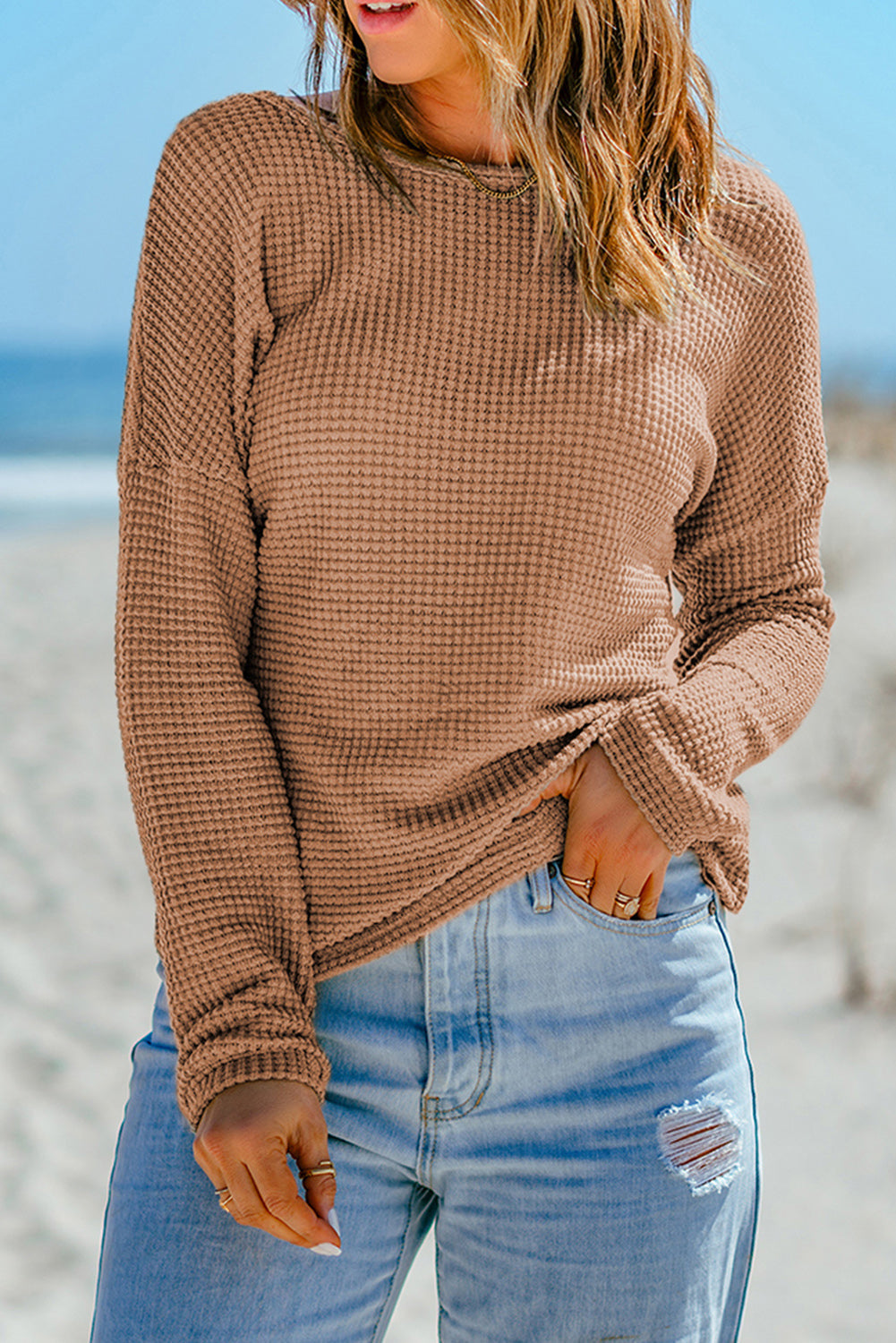 Fiery Red Waffle Knit Drop Shoulder Long Sleeve Top eAura