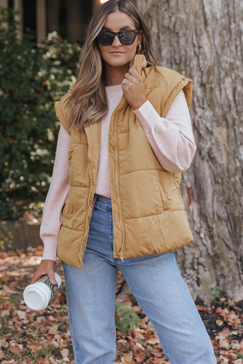 Oversized Stand Collar Zip Winter Vest – Khaki