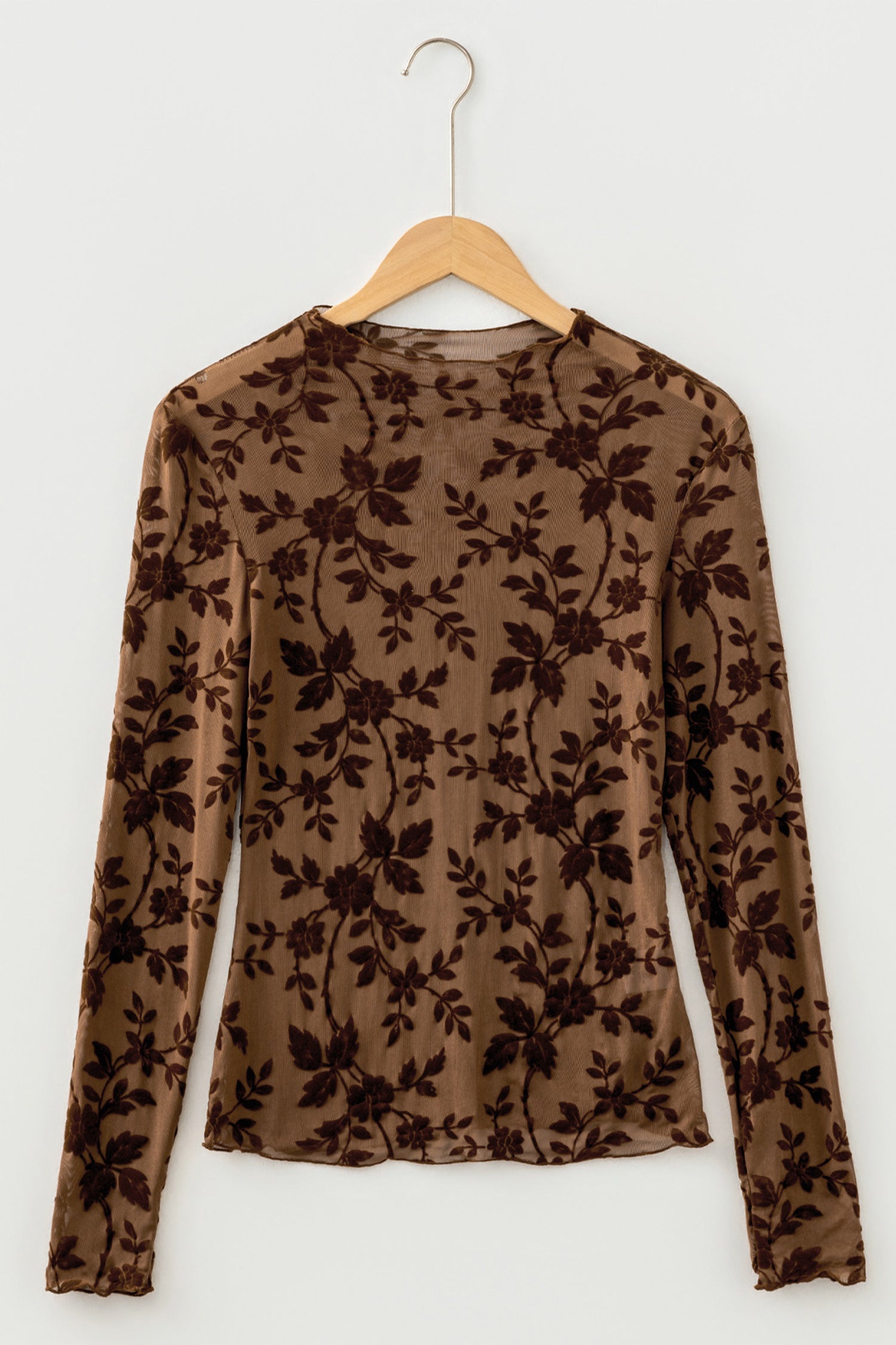 Floral Mesh Long Sleeve Round Neck Casual Sheath Top – Apricot