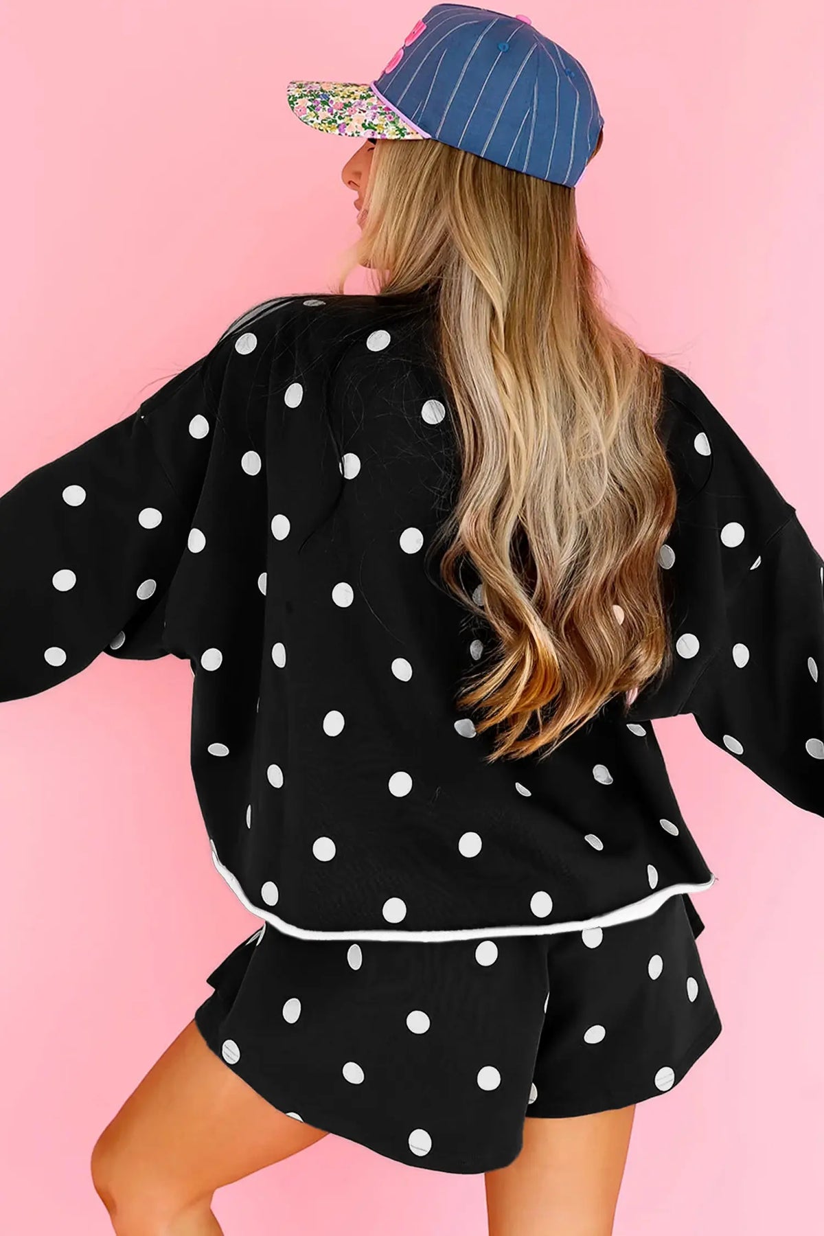 Red Polka Dot Raw Hem Relaxed Pullover Loose Skort Two Piece Set