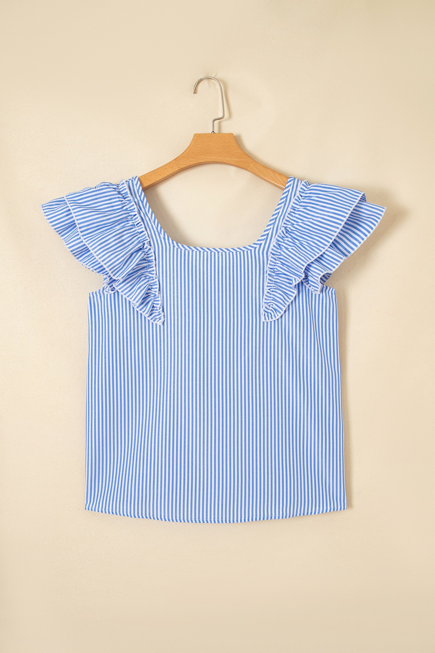 Square Neck Bow Back Ruffle Sleeve Blouse – Blue Stripe