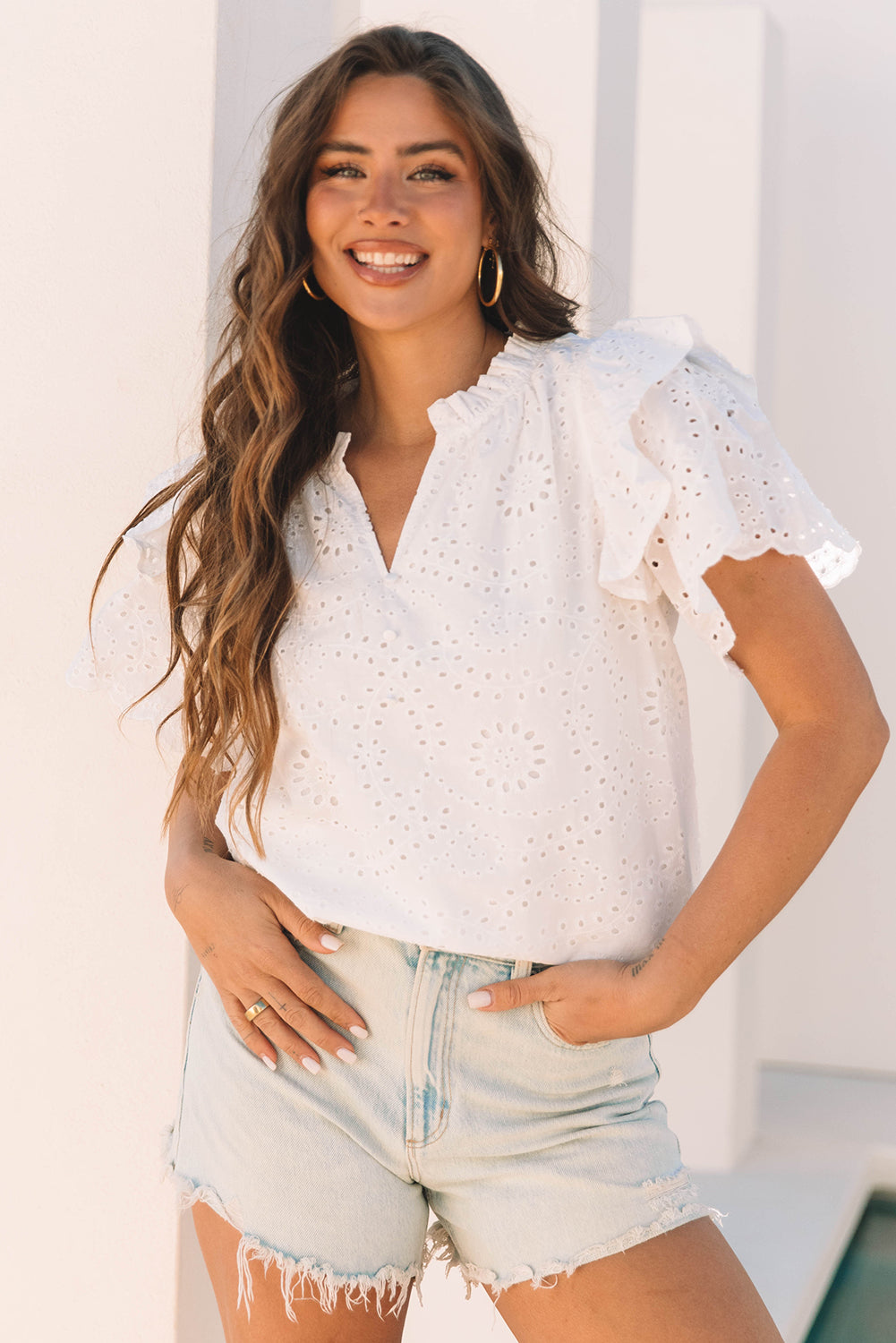 White Broderie Anglaise Ruffle Short Sleeve Blouse eAura