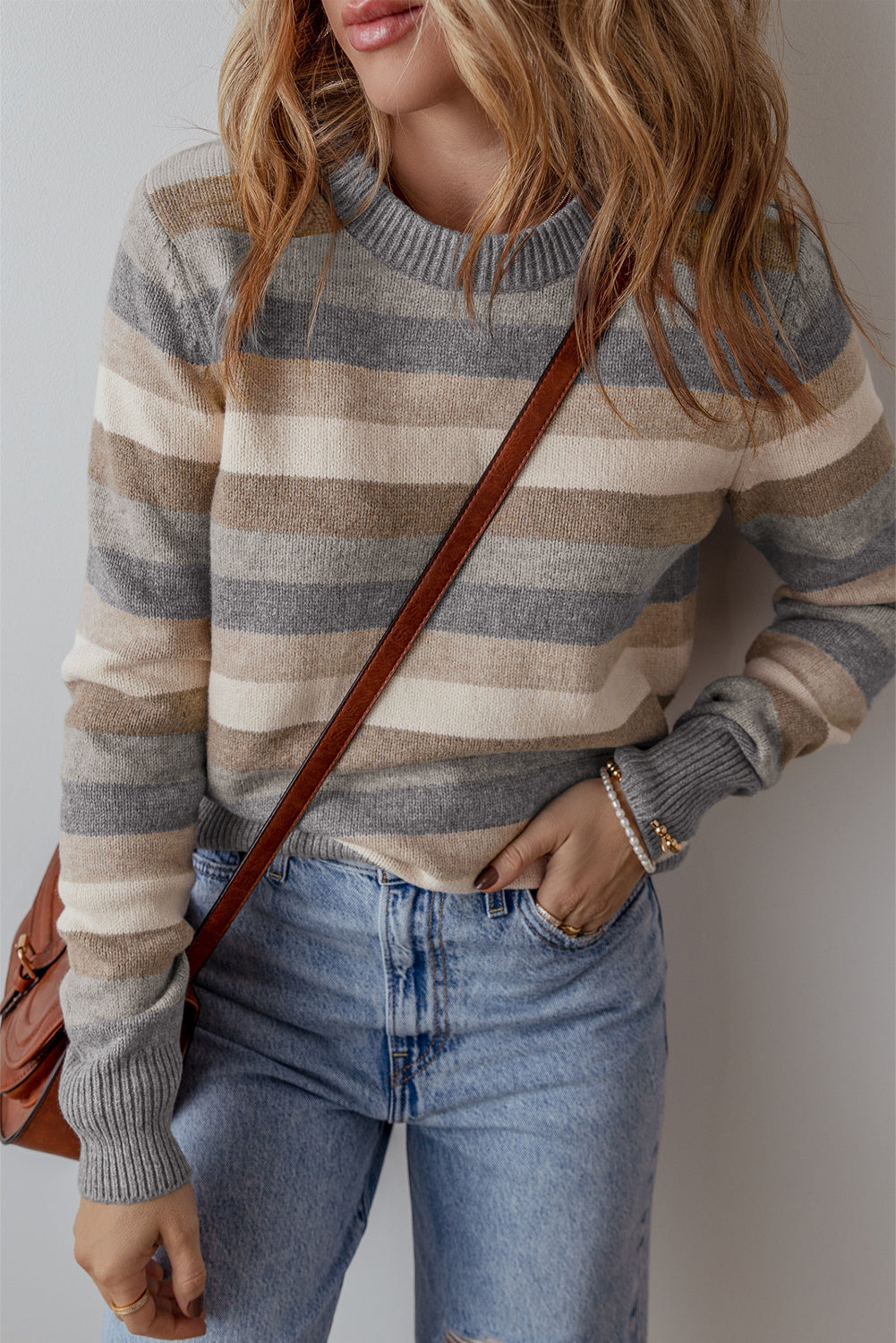 Grey Stripe Colour Block Ribbed Edge Round Neck Sweater eAura