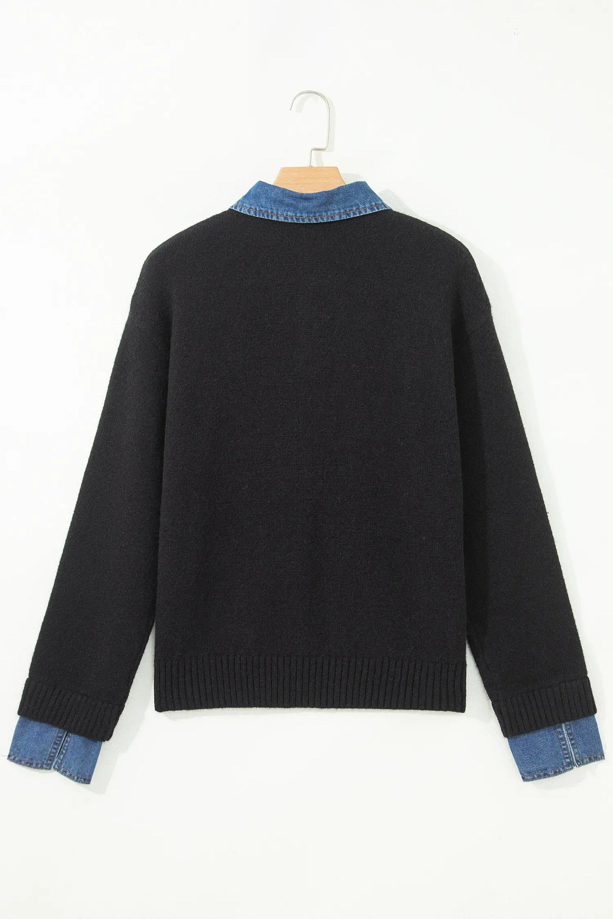 Denim Patchwork Collar Cuffed Casual Sweater – Black