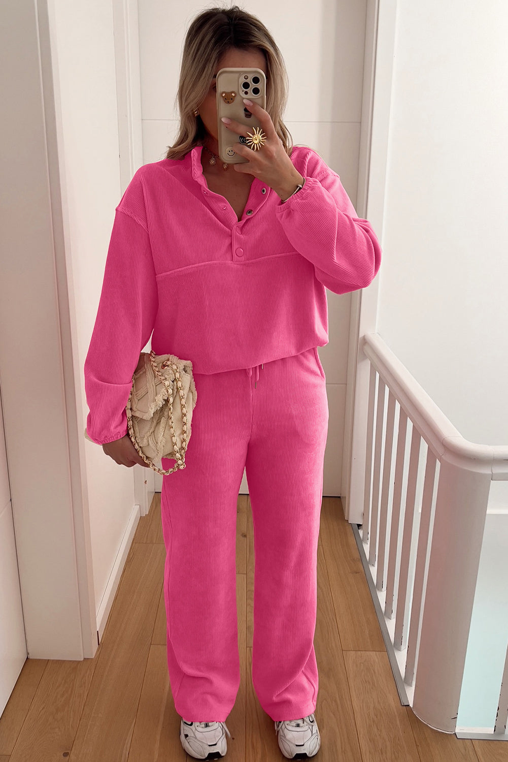 Peach Blossom Half Button Pullover Drawstring Pants Solid Color Corduroy 2pcs Outfit Dear-Lover Dropshipping
