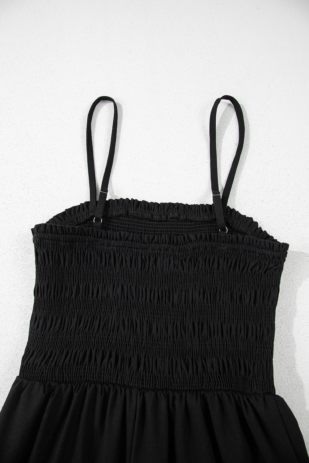 Black Spaghetti Straps Shirred Bodice Pocketed Wide Leg Jumpsuit eAura