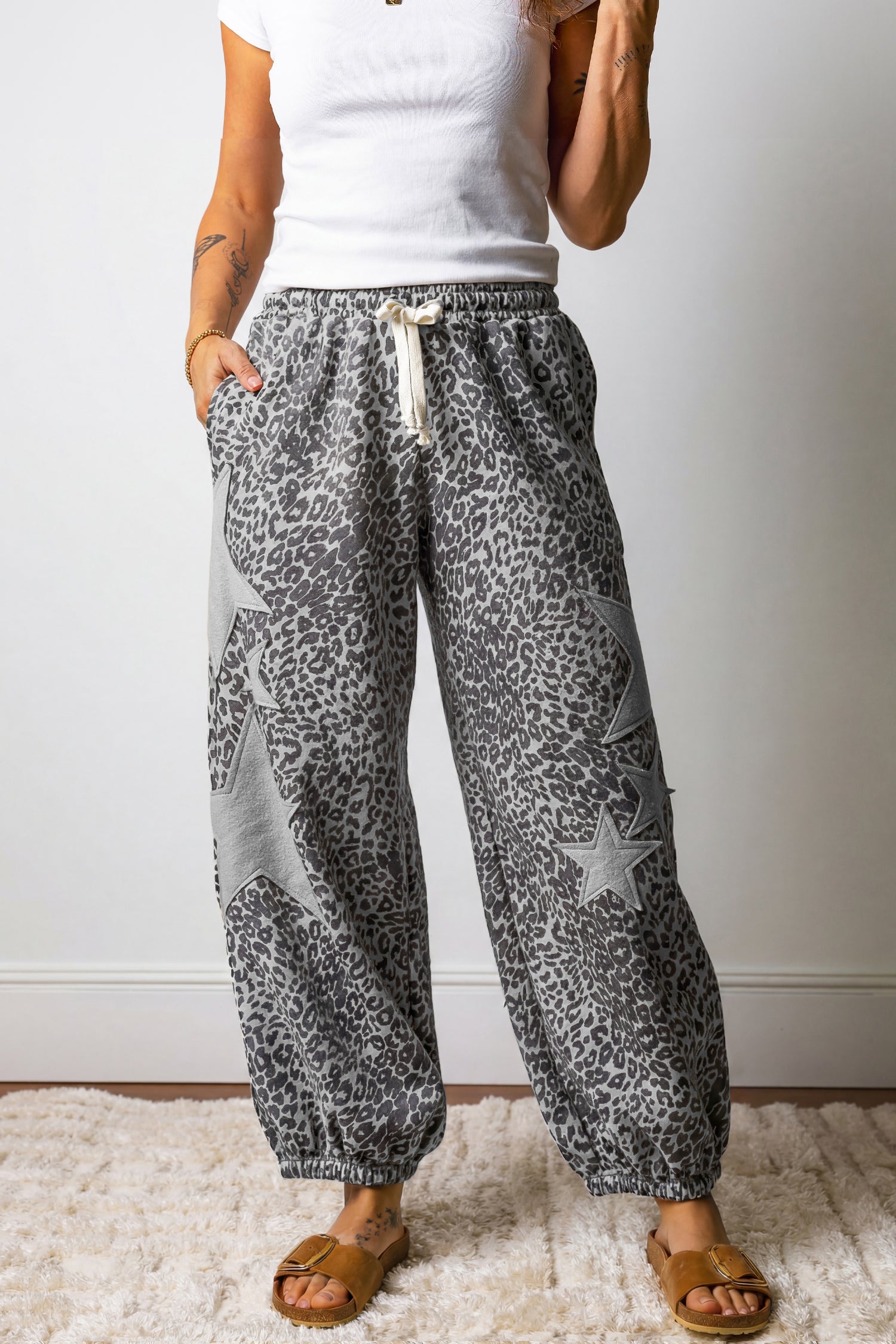 Leopard Print Star Patched Drawstring Elastic Waist Jogger Pants – Khaki