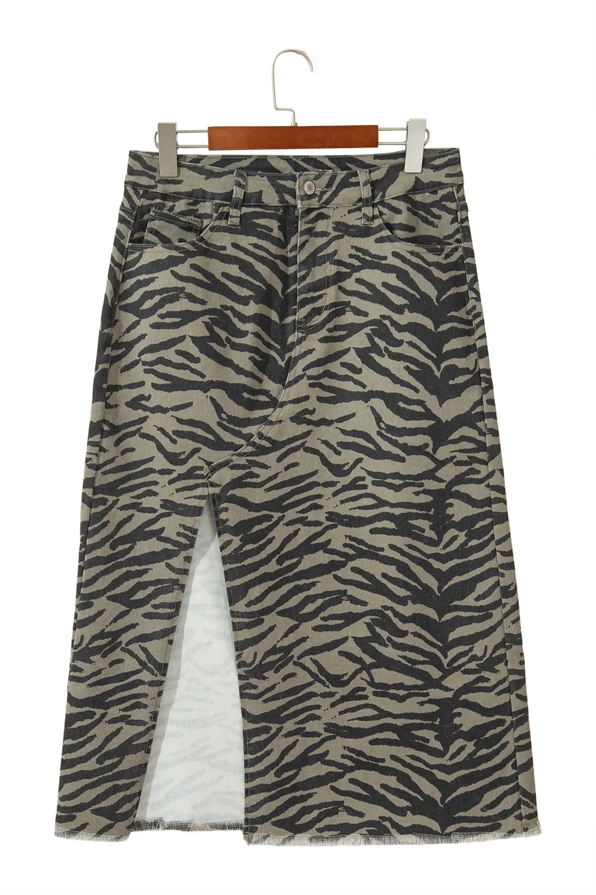 Leopard Print Side Split Frayed Hem Denim Midi Skirt