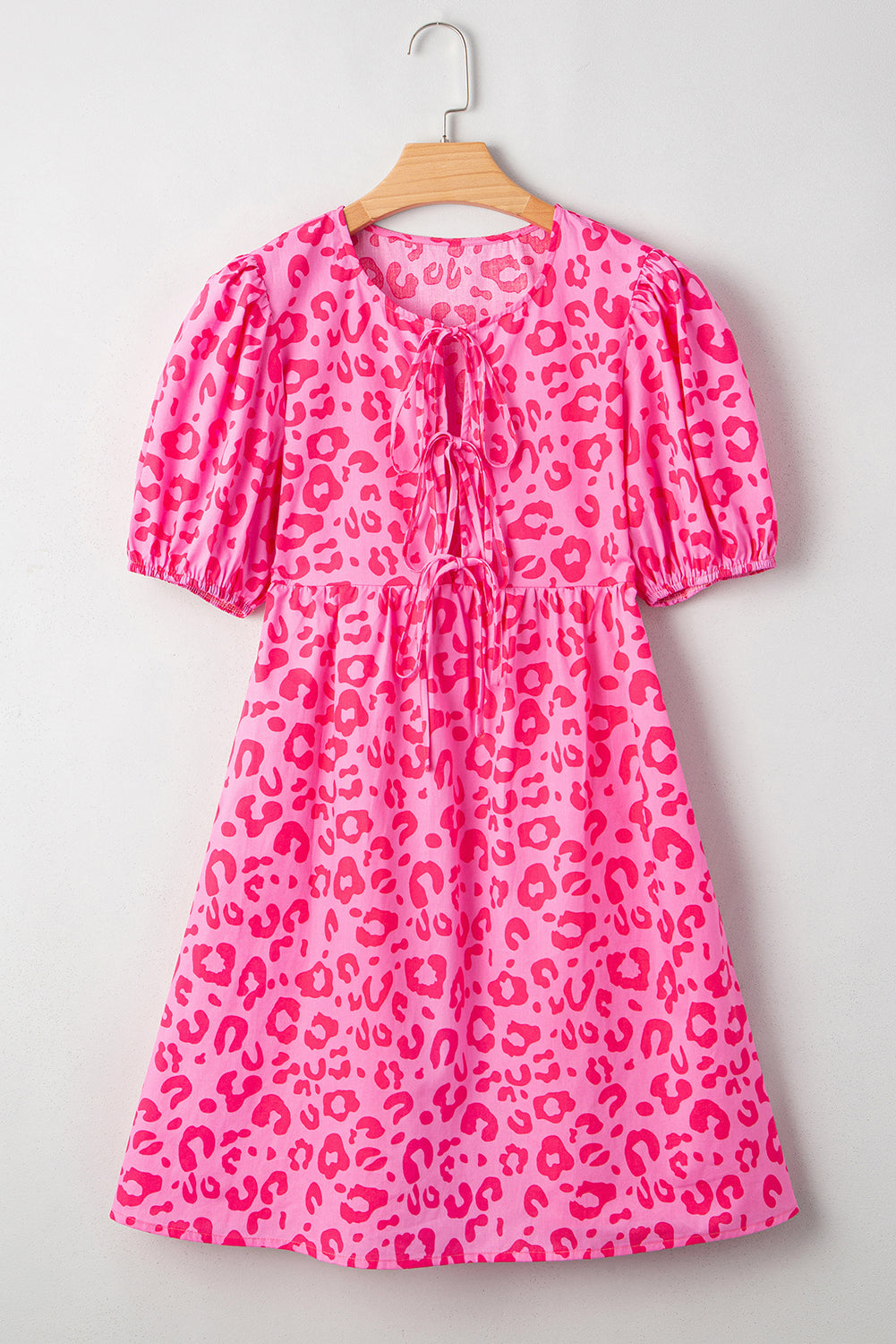 Rose Leopard Puff Sleeve Tie Front High Waist Mini Dress eAura