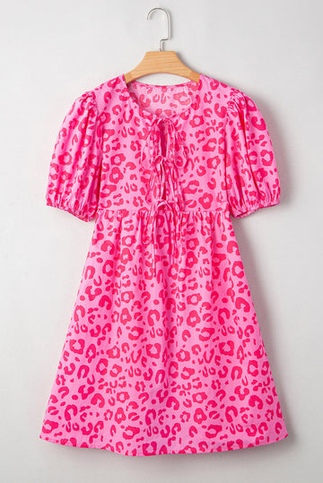 Rose Leopard Puff Sleeve Tie Front High Waist Mini Dress - Dresses/Mini Dresses