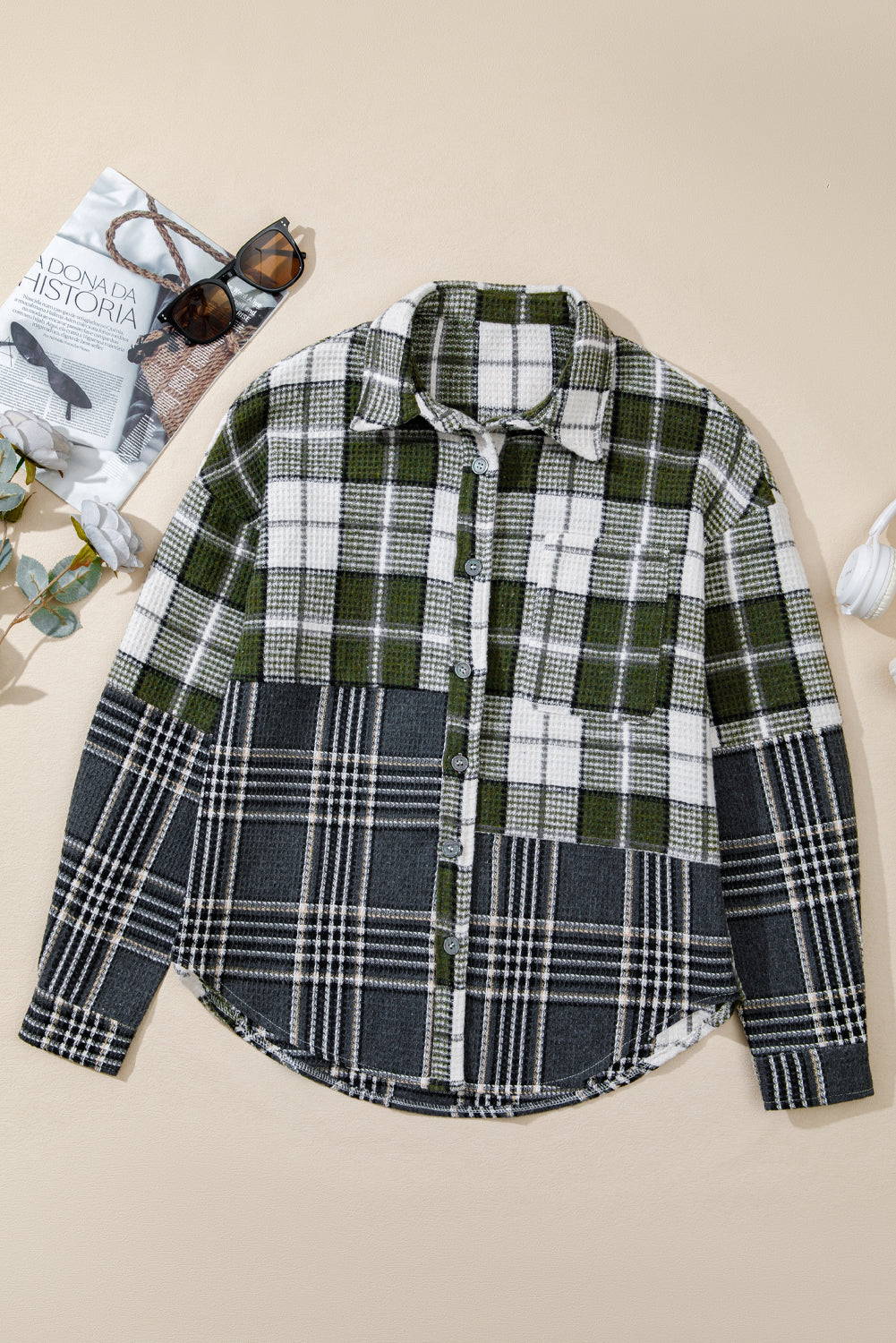 Plaid Print Textured Buttoned Shacket eAura