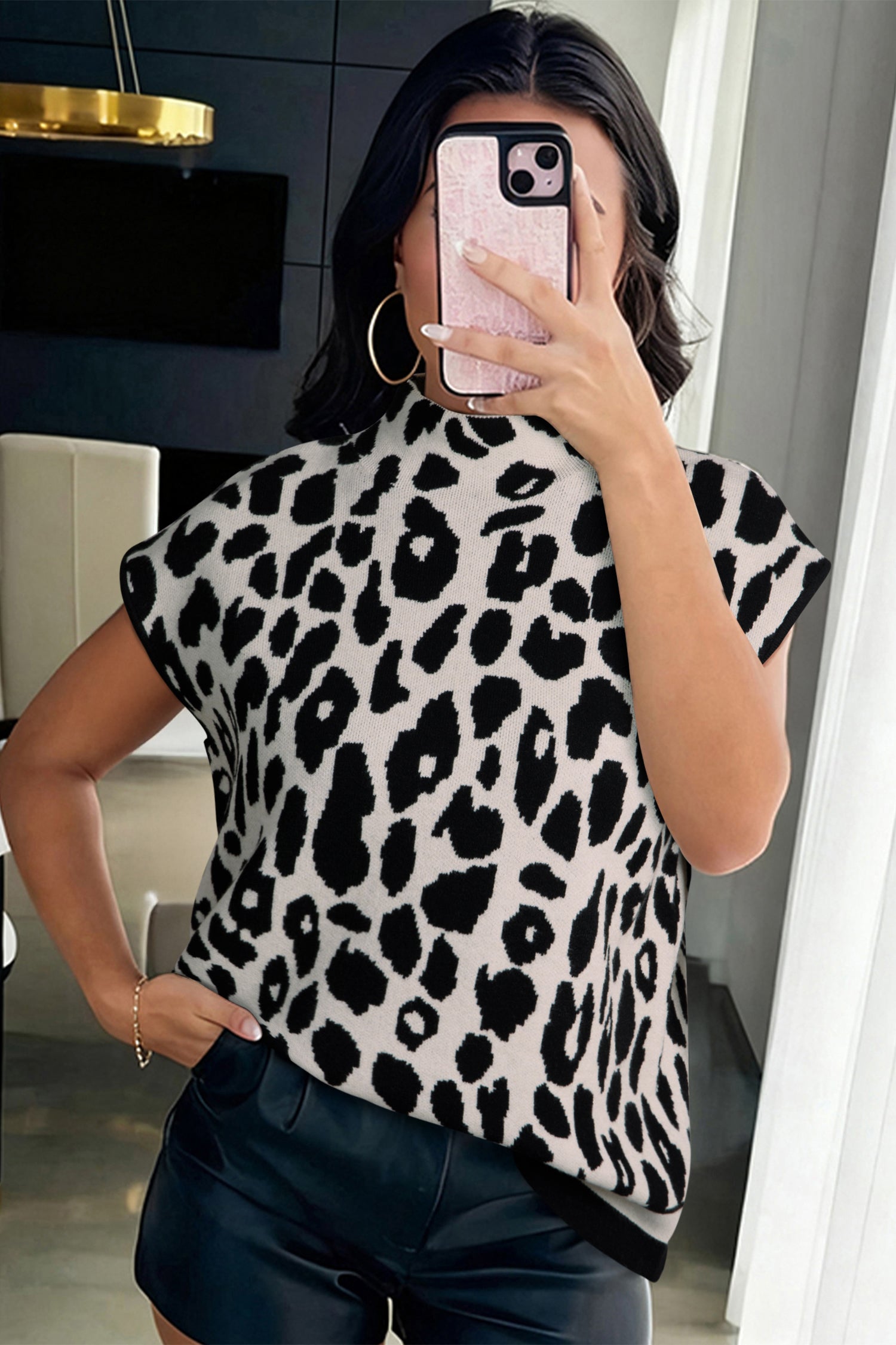 Leopard Print High Neck Short Sleeve Sweater