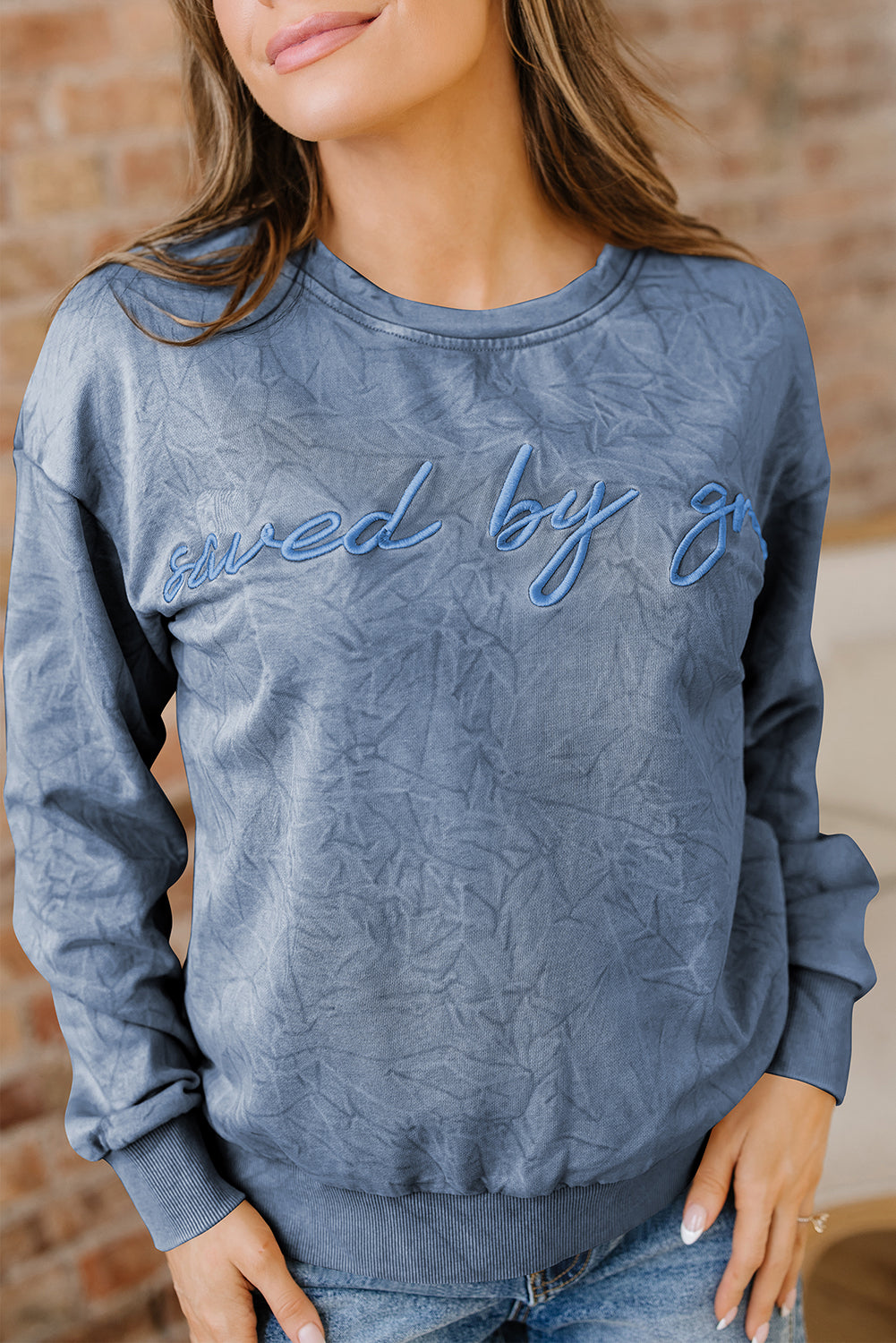 'Saved By Grace' Embroidered Mineral Wash Sweatshirt