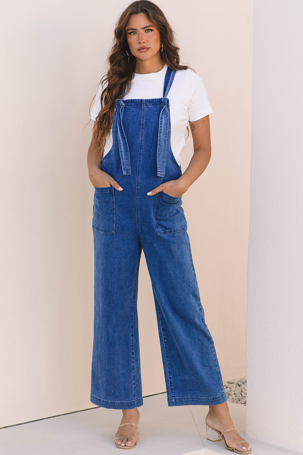 Blue Mineral Wash Knot Strap Patched Pocket Wide Leg Denim Overalls Dungarees BB Fashion Outlet