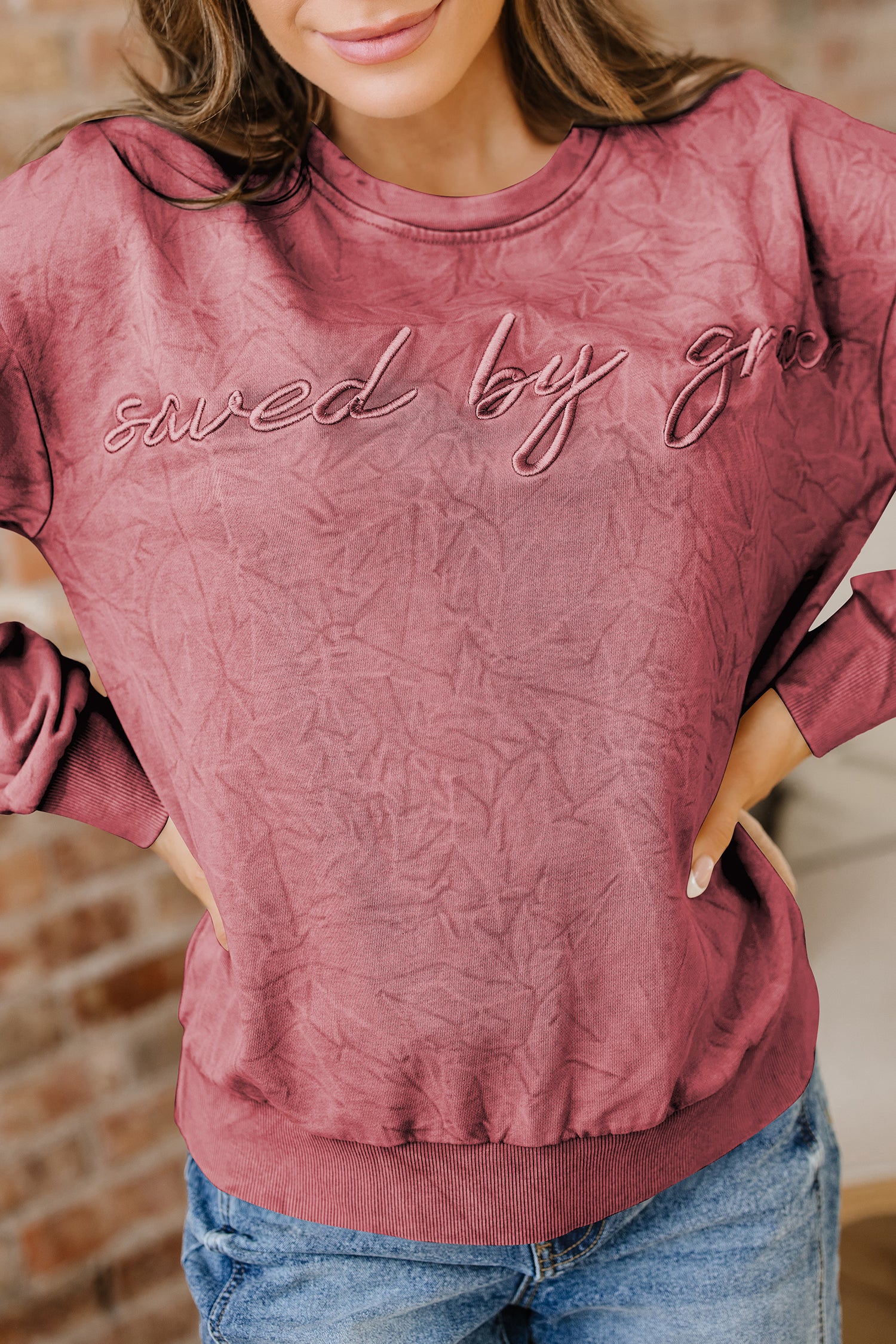 'Saved By Grace' Embroidered Mineral Wash Sweatshirt