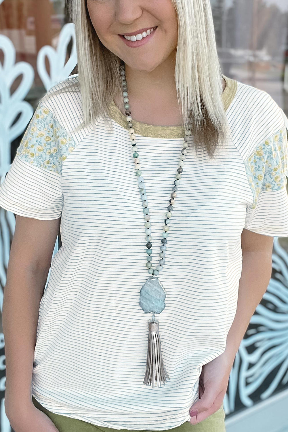 White Stripe Floral Insert Sleeves Contrast Round Neck Tee - eAura