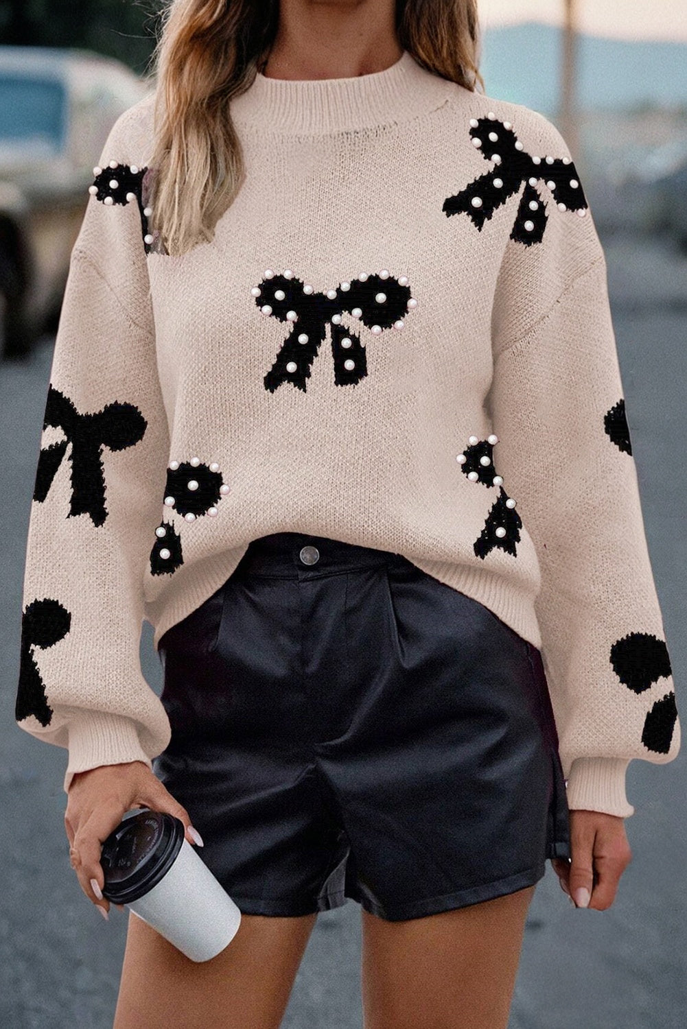 Pearl Embellished Bow Pattern Loose Sweater eAura